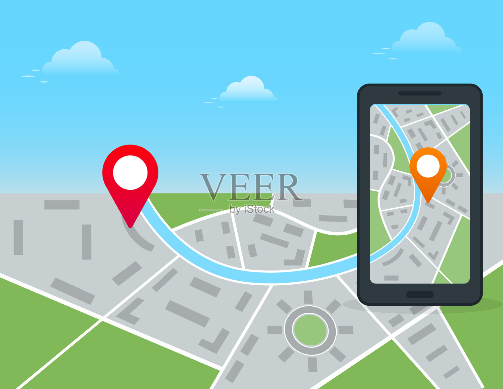 移动gps导航和位置跟踪应用程序的概念。黑色智能手机与城市地图和大头针标记在触摸屏上隔离在白色背景。平面风格矢量插图插画图片素材