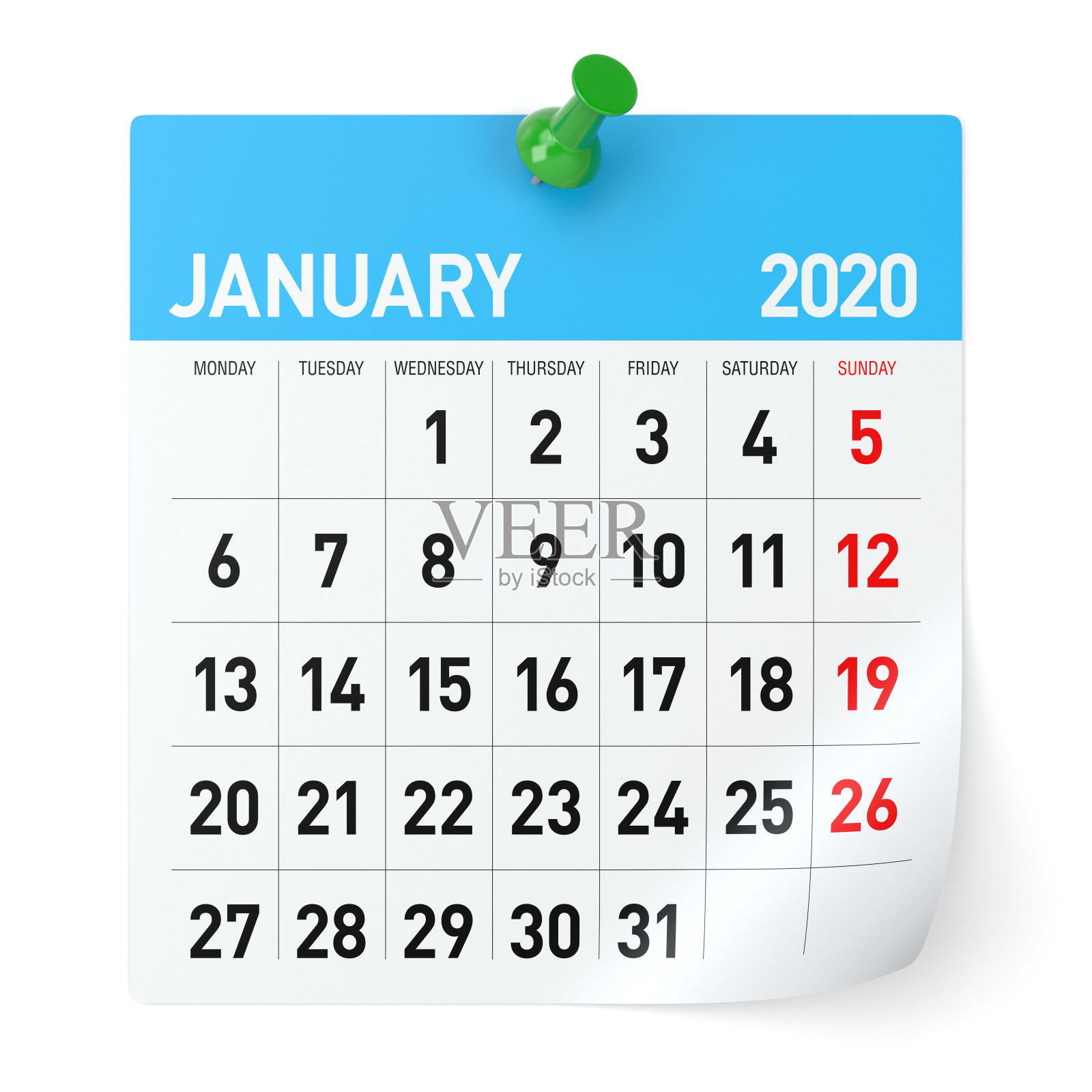 2020年1月日历。孤立在白色背景。3D插图照片摄影图片