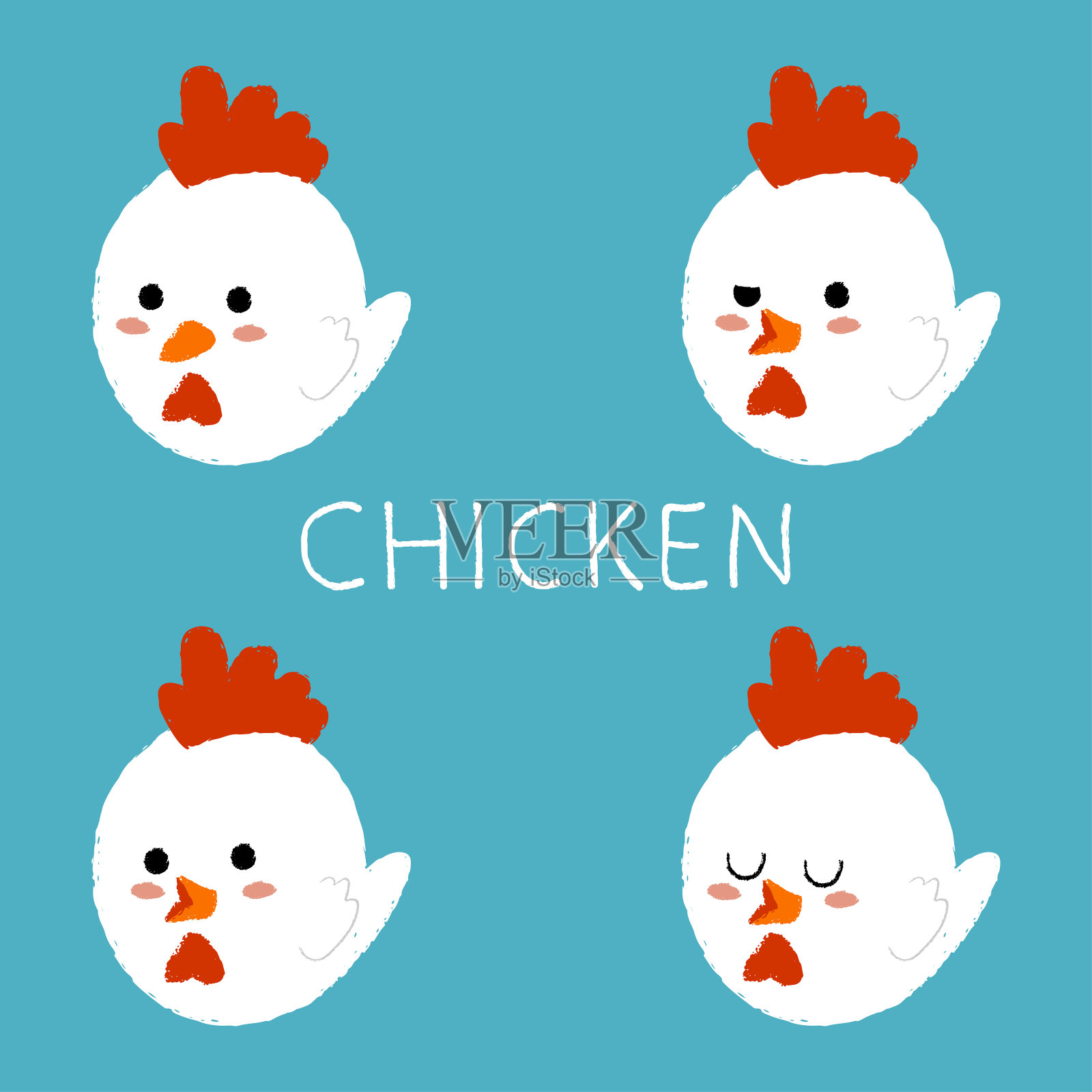 可爱的小鸡与不同的情感矢量卡通集孤立的背景。插画图片素材