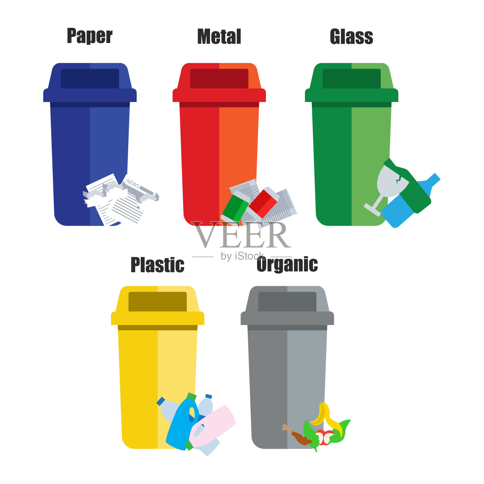 彩色垃圾桶蓝、红、绿、黄，与金属、纸张、塑料、玻璃和有机废物适合重用减少循环利用。垃圾分类垃圾设计元素图片