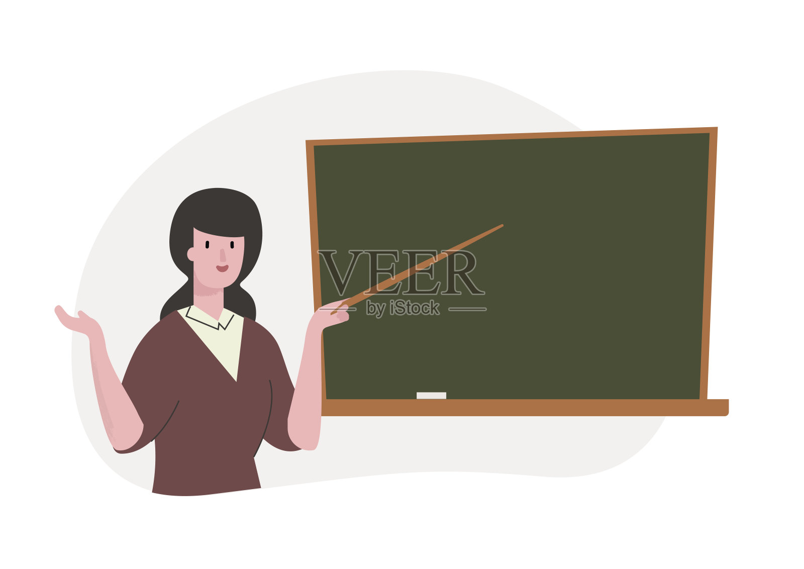 女教师用一个指针显示黑板。平面时尚卡通风格的平面线条。孤立的艺术品在一个气泡。插画图片素材