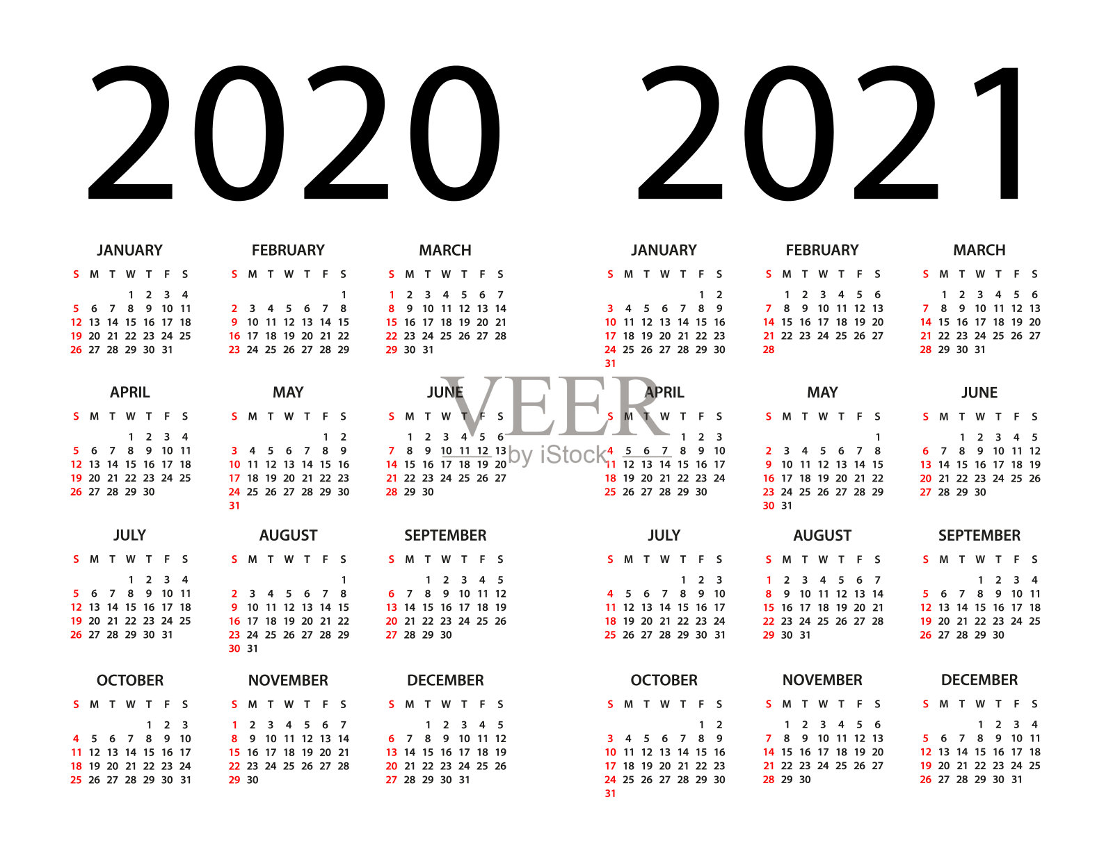 日历2020 2021 -插图。一周从周日开始设计模板素材