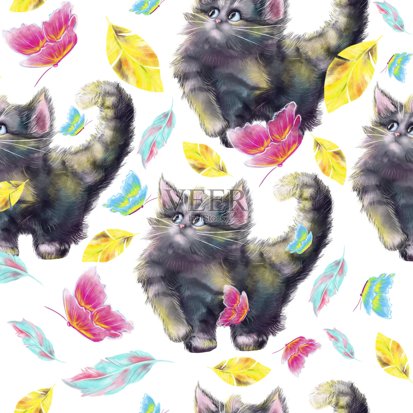 可爱的小猫水彩手绘无缝图案插画图片素材
