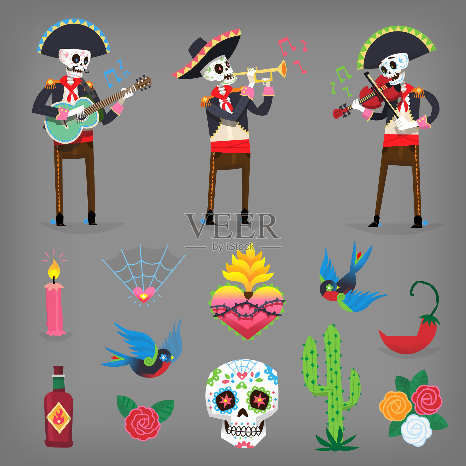 色彩丰富的字符和矢量元素代表死者的日子，传统的秋季墨西哥节日纪念死者。插画图片素材