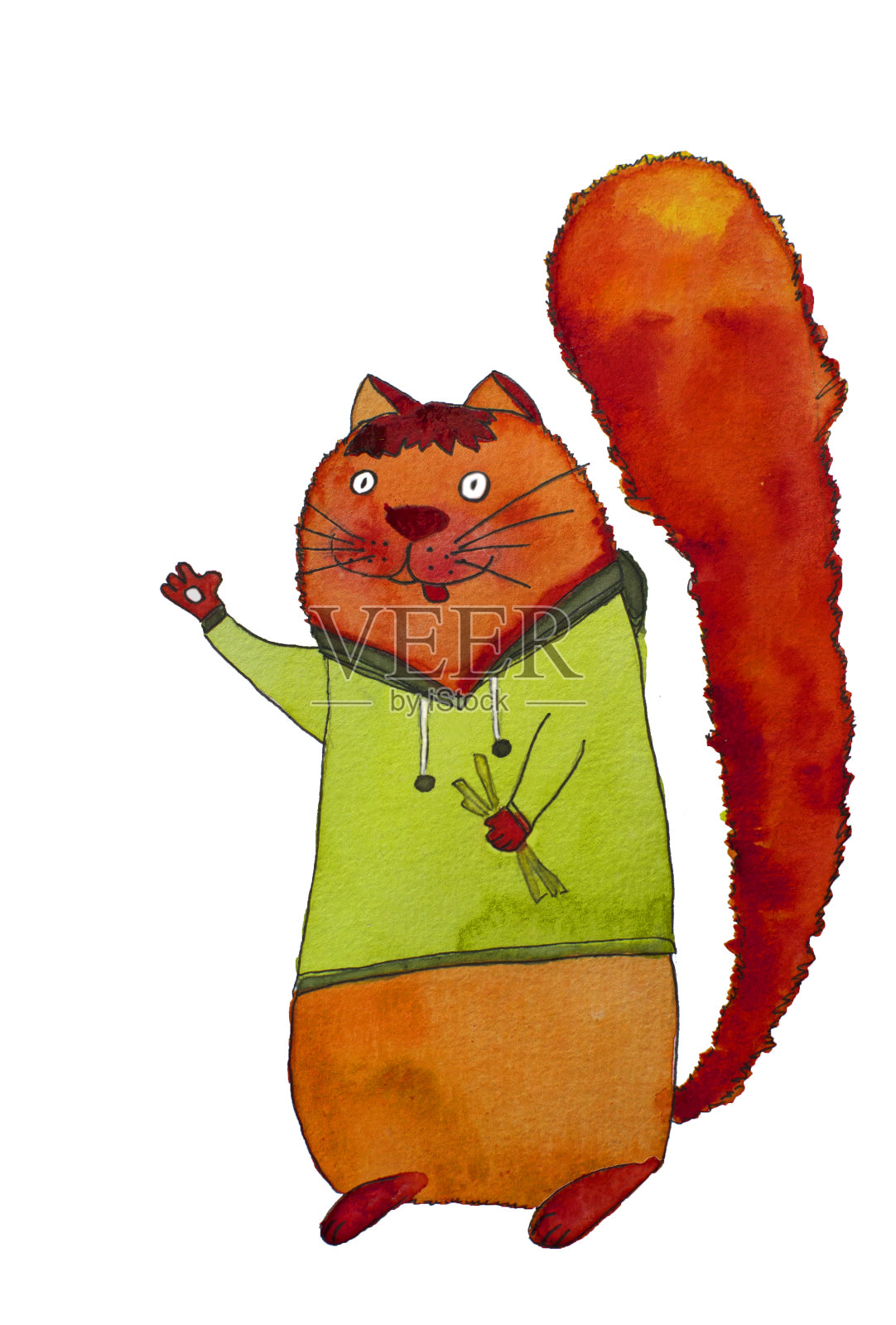 这是一只穿着暖绿色夹克的可爱红猫的特写镜头插画图片素材