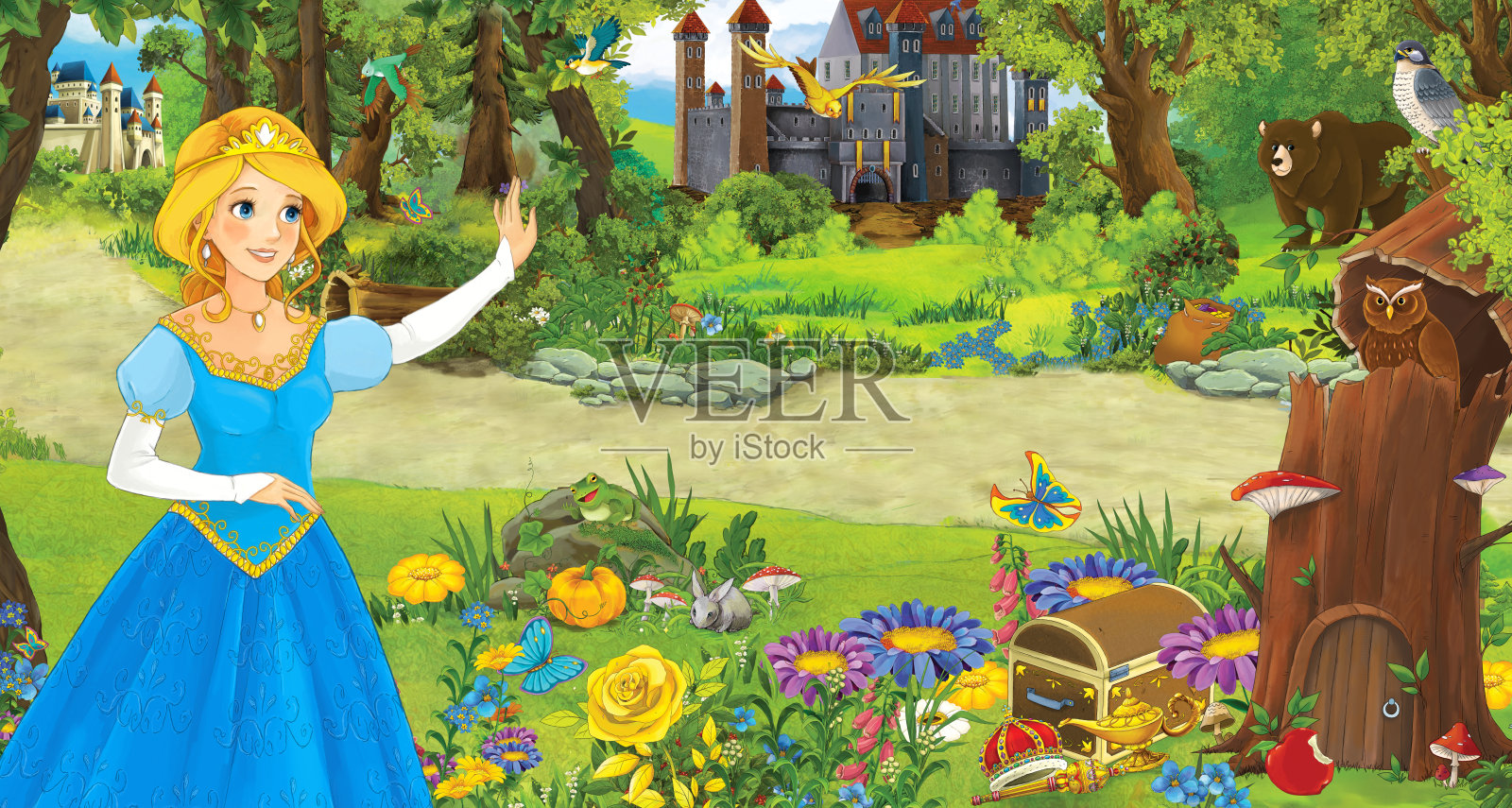 卡通场景与快乐的年轻女孩公主在森林附近的一些城堡插画图片素材