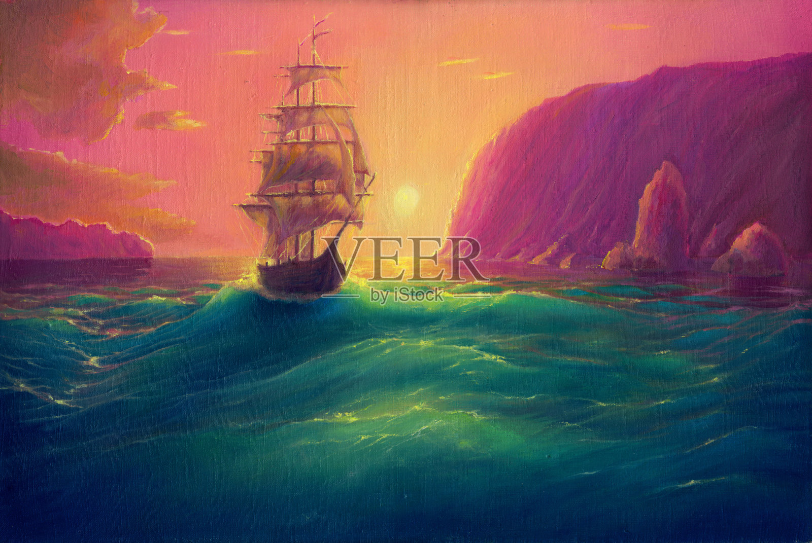 布面油画，海景背景与船，船在海洋绘制，其艺术手绘油画在布面上插画图片素材