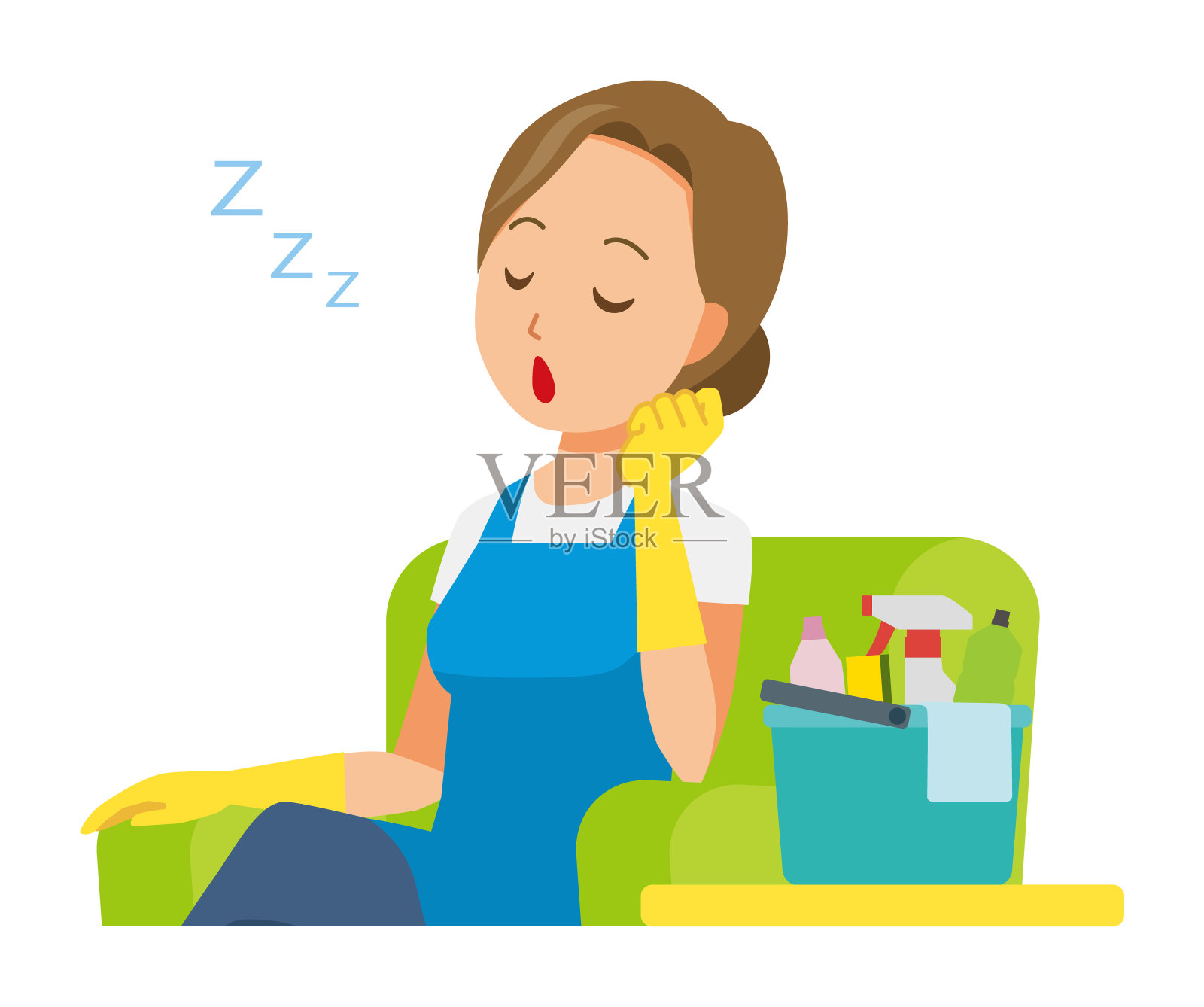 一个穿着蓝色围裙和橡胶手套的女人坐在沙发上睡着了插画图片素材