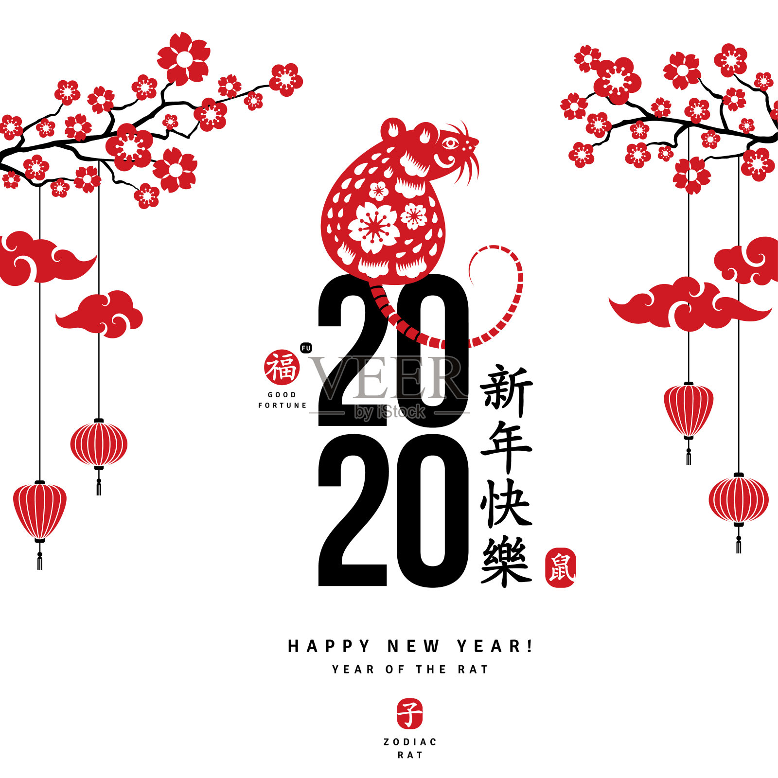 2020年中国风格的红色老鼠设计模板素材