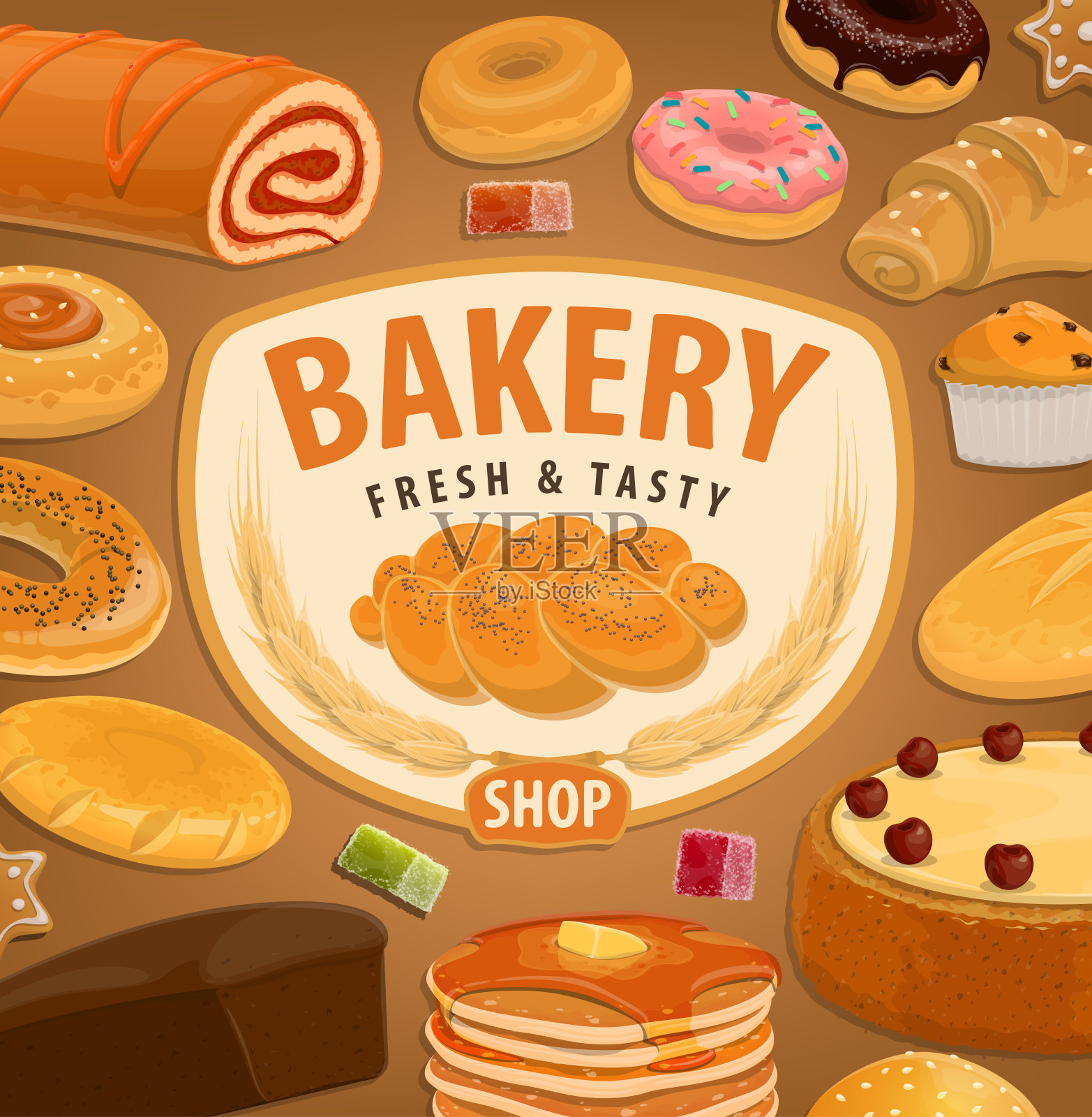 面包，蛋糕和羊角面包。面包和糕点插画图片素材