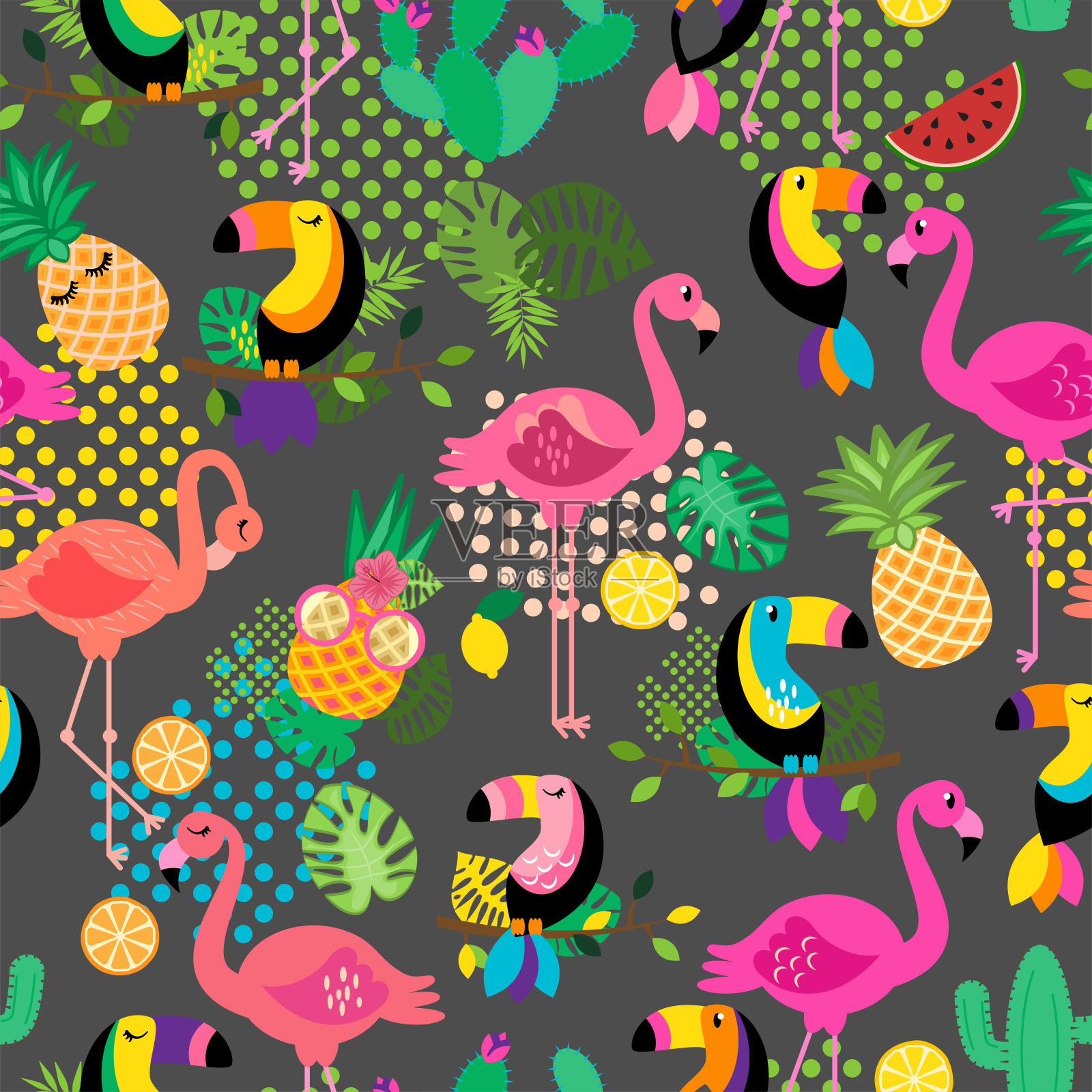 无缝，花砖热带矢量模式与火烈鸟，巨嘴鸟，仙人掌和热带树叶插画图片素材