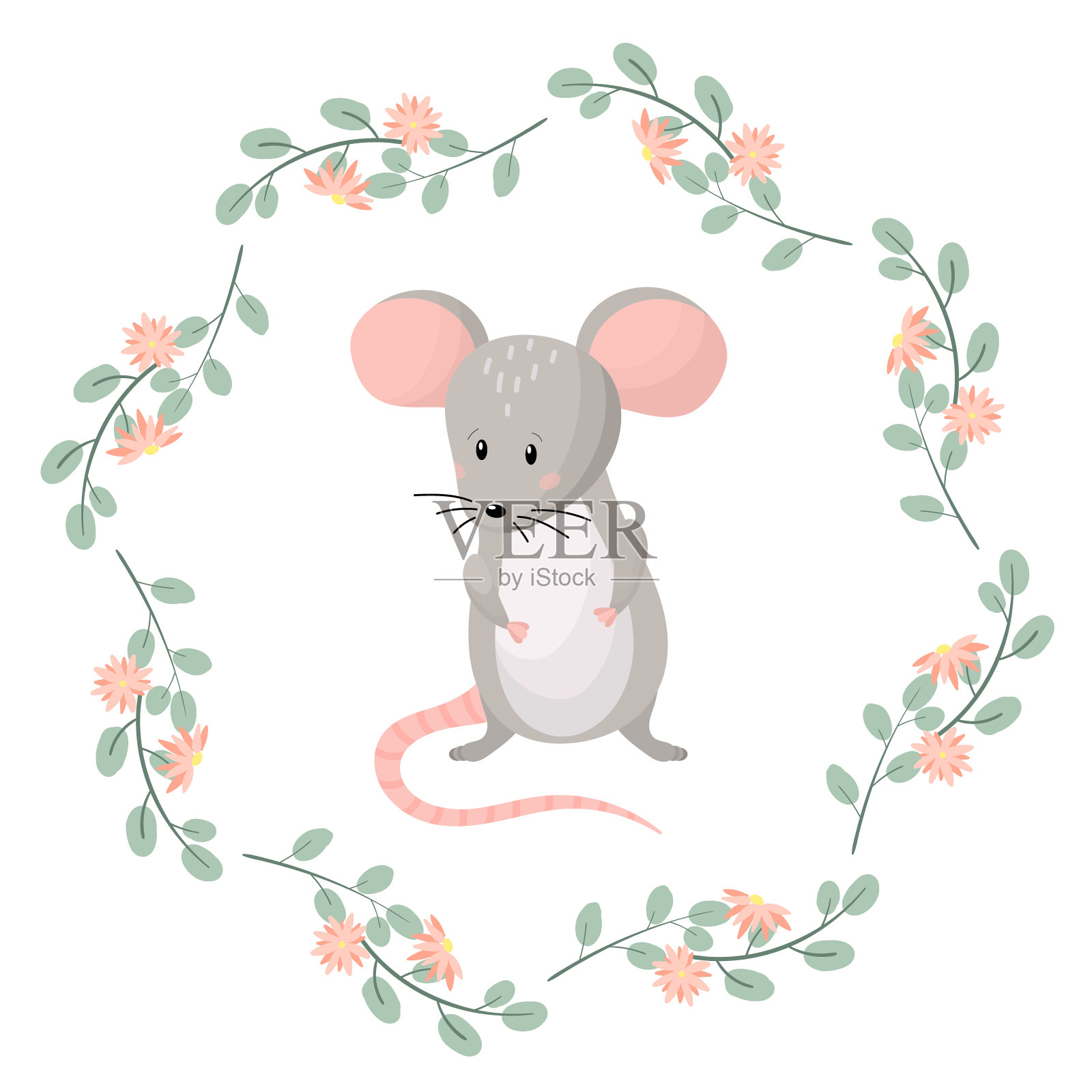 可爱的卡通老鼠戴着花环。矢量插图。设计元素图片