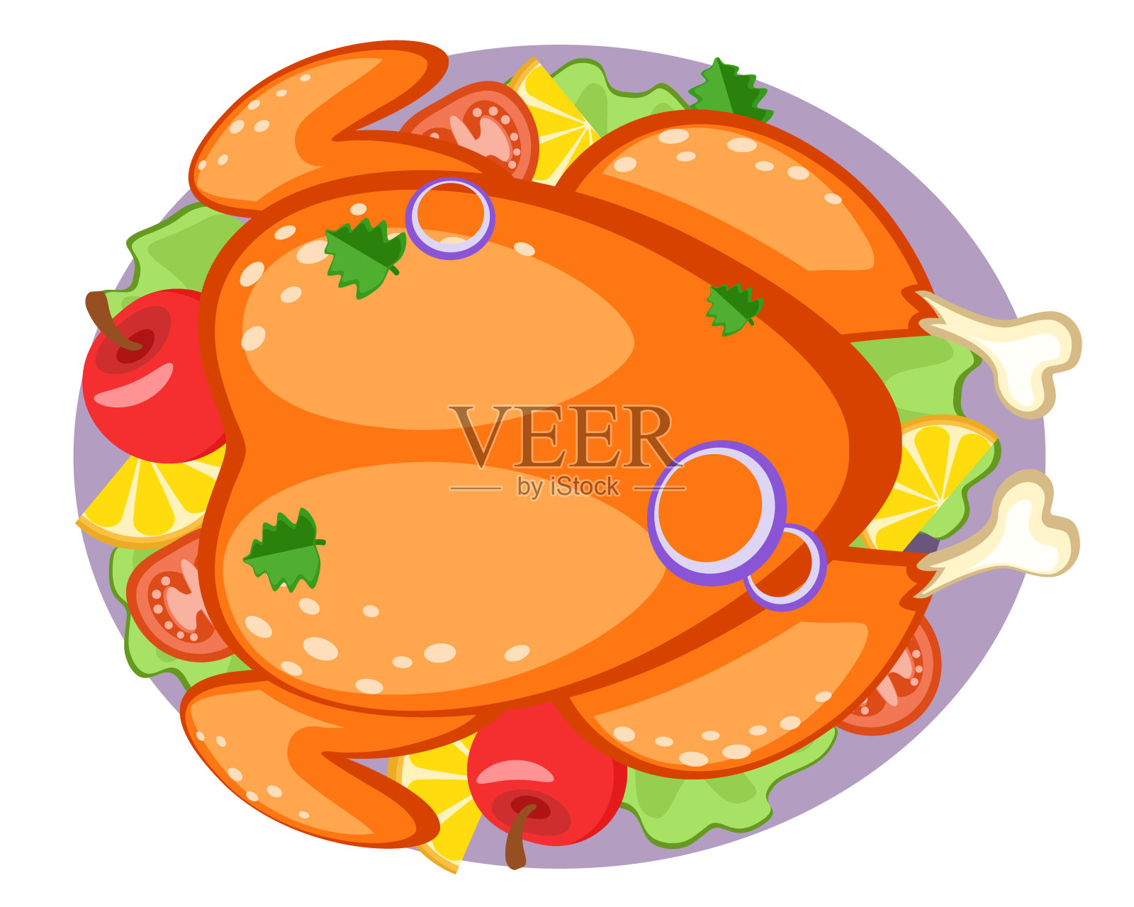 盘子里装着烤火鸡，白面包上放着苹果和柠檬。山顶的景色。设计元素图片