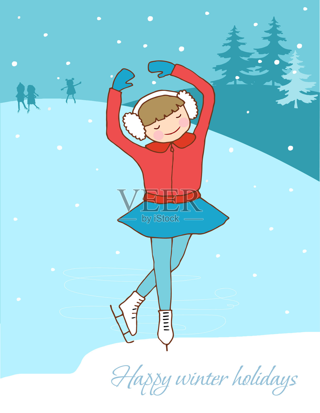 冬天。那个在溜冰场练习的女孩。图skating.Sport。寒假。插画图片素材