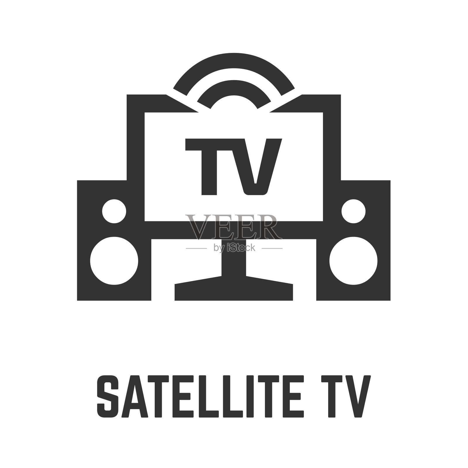 卫星电视图标与电视屏幕，音频扬声器和无线信号符号。插画图片素材
