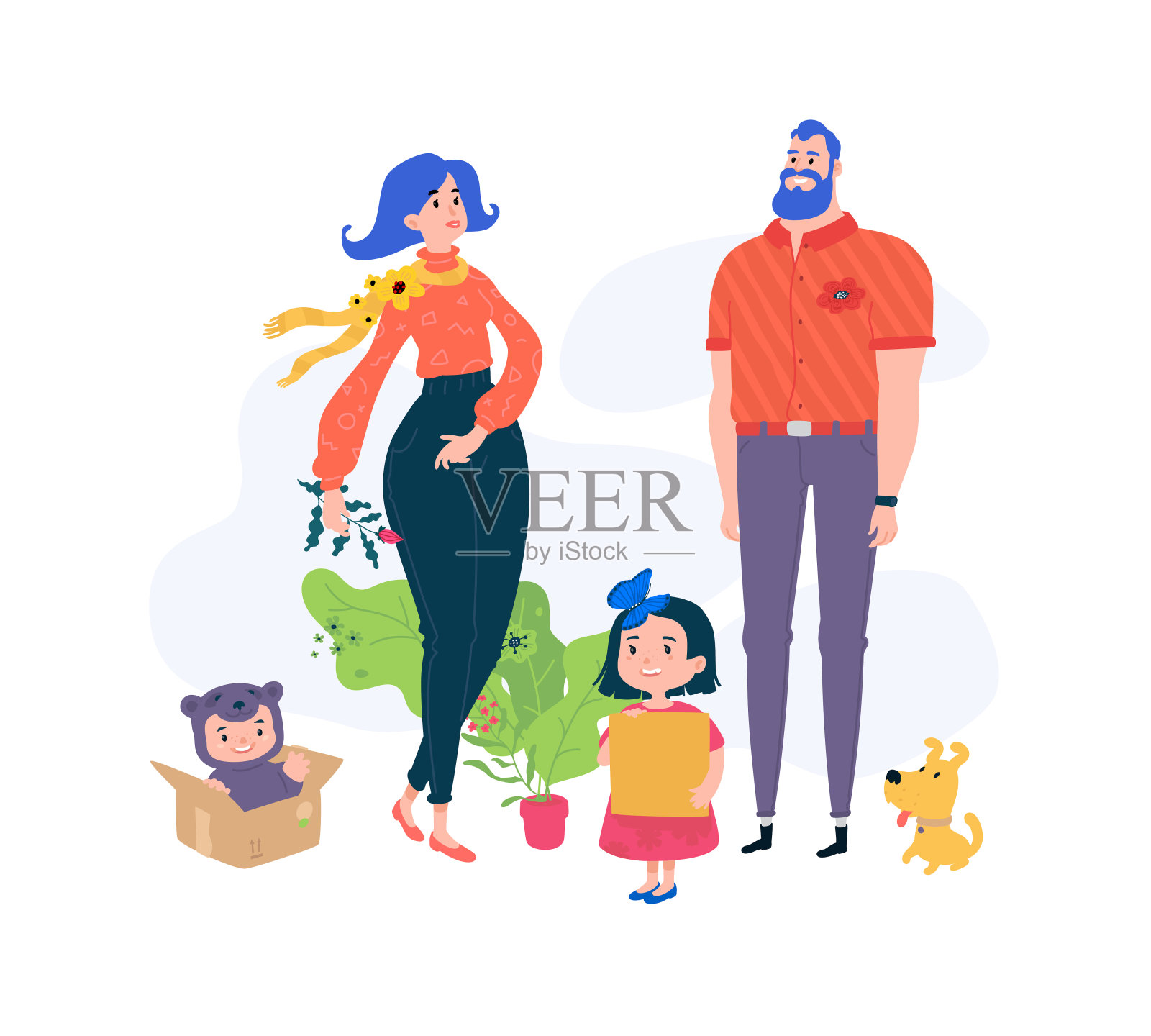卡通的家庭。插画有趣的角色爸爸，妈妈和孩子。玩具商店的英雄。平的风格。英雄和吉祥物的家庭用品。插画图片素材