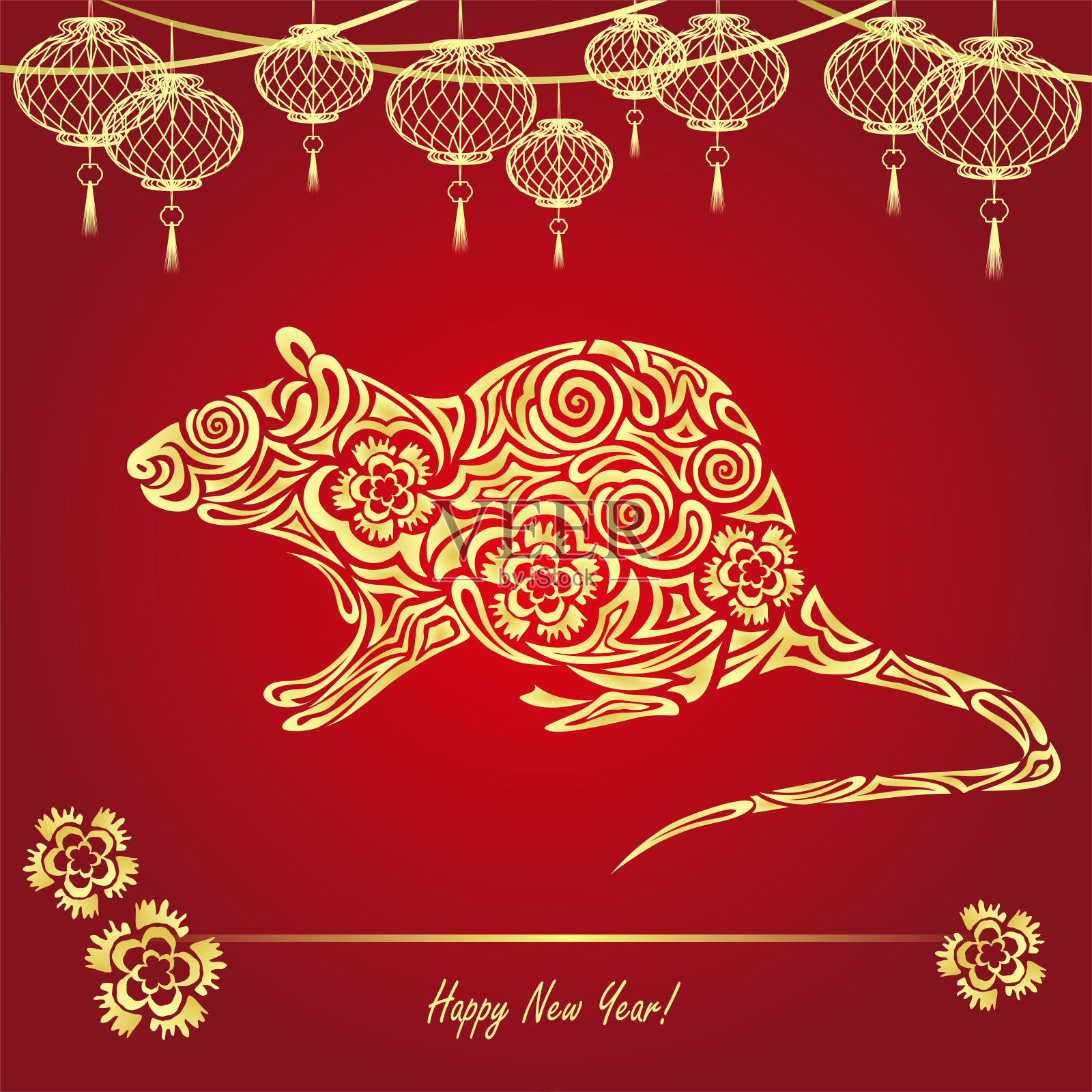 2020年中国新年(鼠年)。矢量插图与老鼠和悬挂灯笼剪纸风格的贺卡，横幅和海报设计。插画图片素材