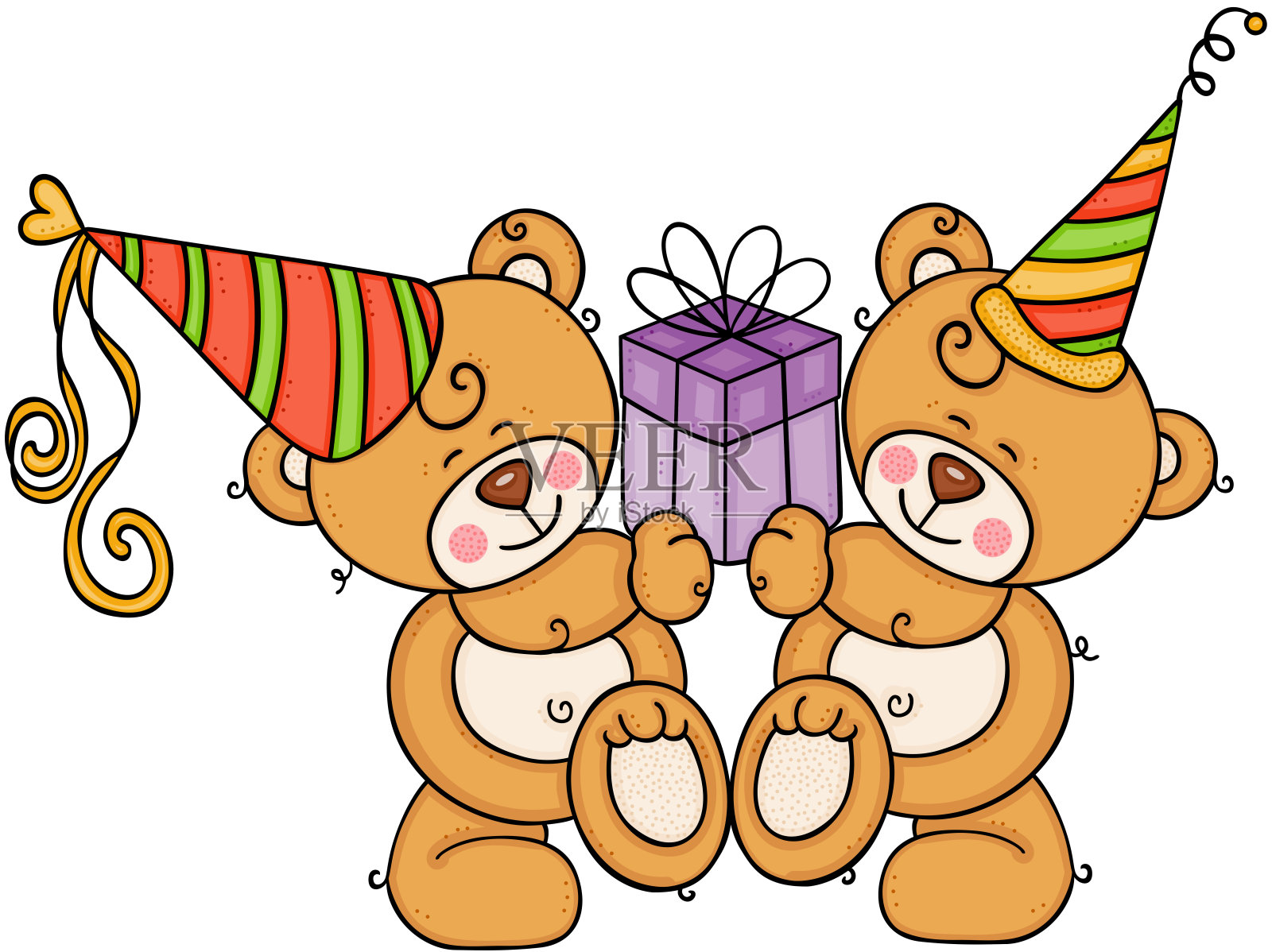 两个生日泰迪熊拿着礼物插画图片素材