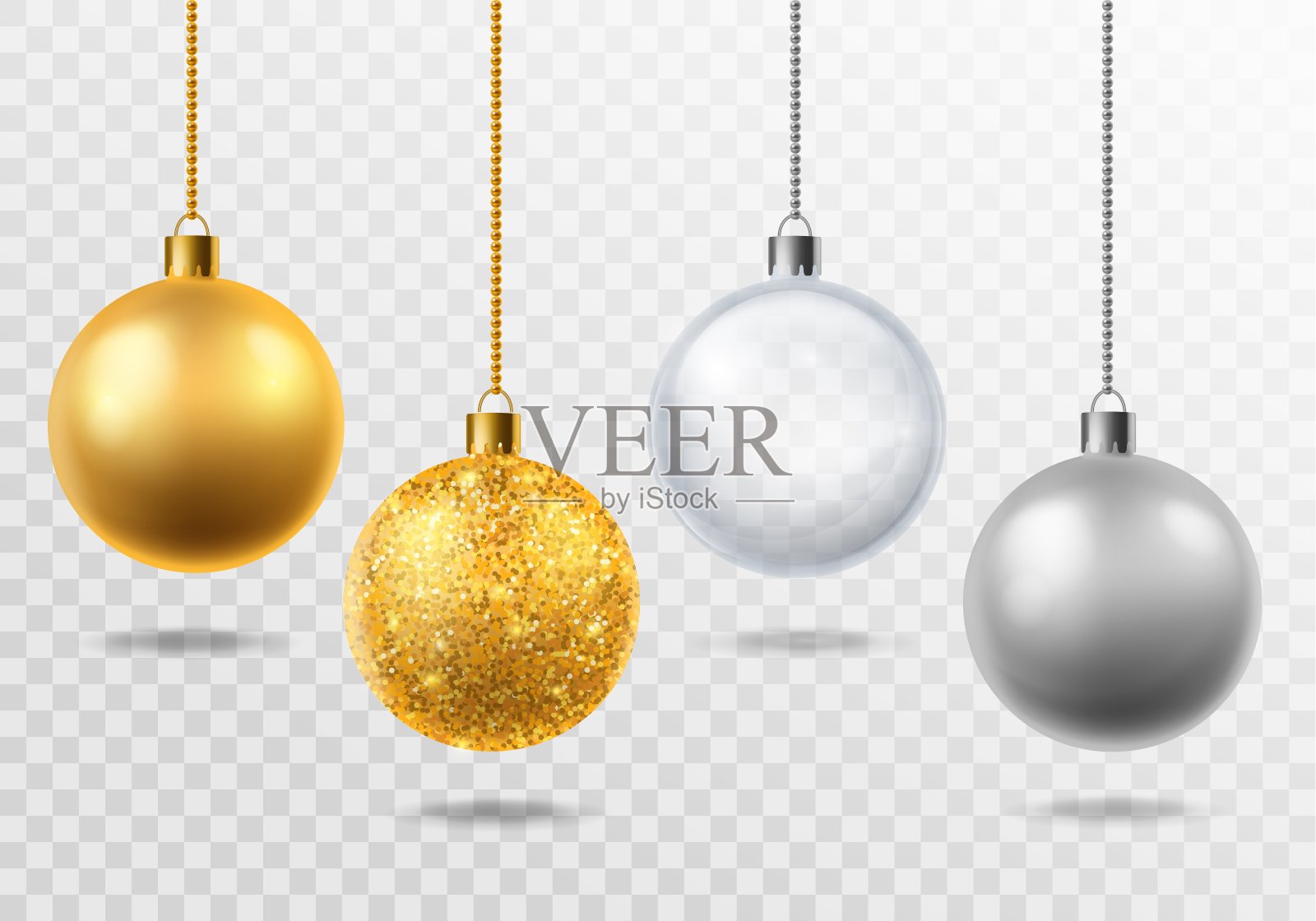 逼真的圣诞树玩具。金色与闪光，银色和透明玻璃球圣诞装饰矢量孤立的3d集插画图片素材