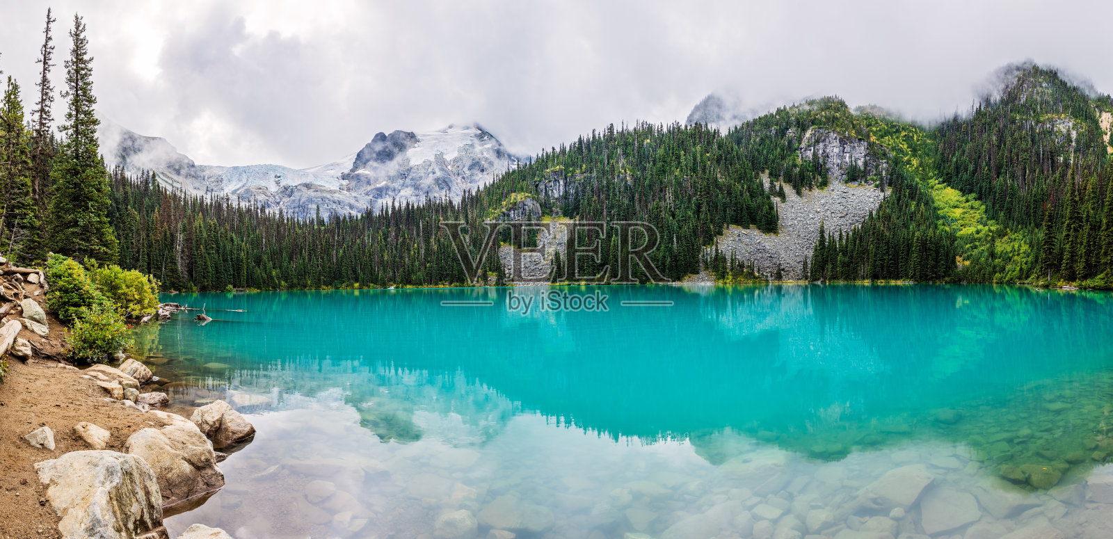 白天的山全景与美丽的绿松石冰川供给湖照片摄影图片