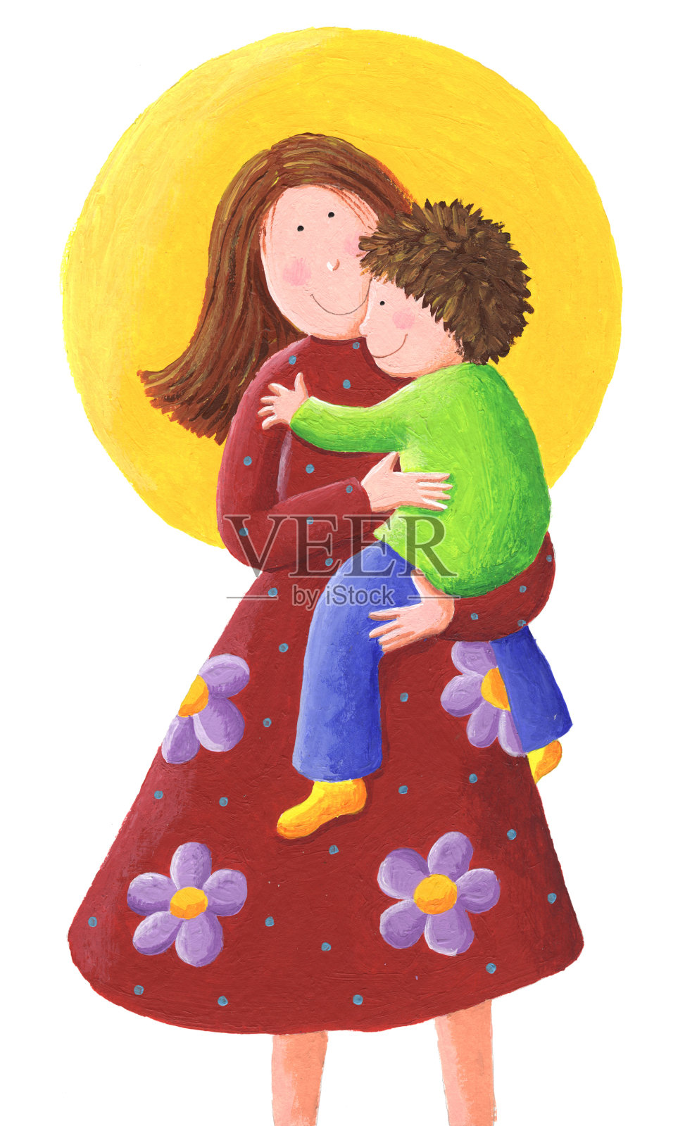 丙烯酸插图的母亲拥抱她的儿子温柔插画图片素材