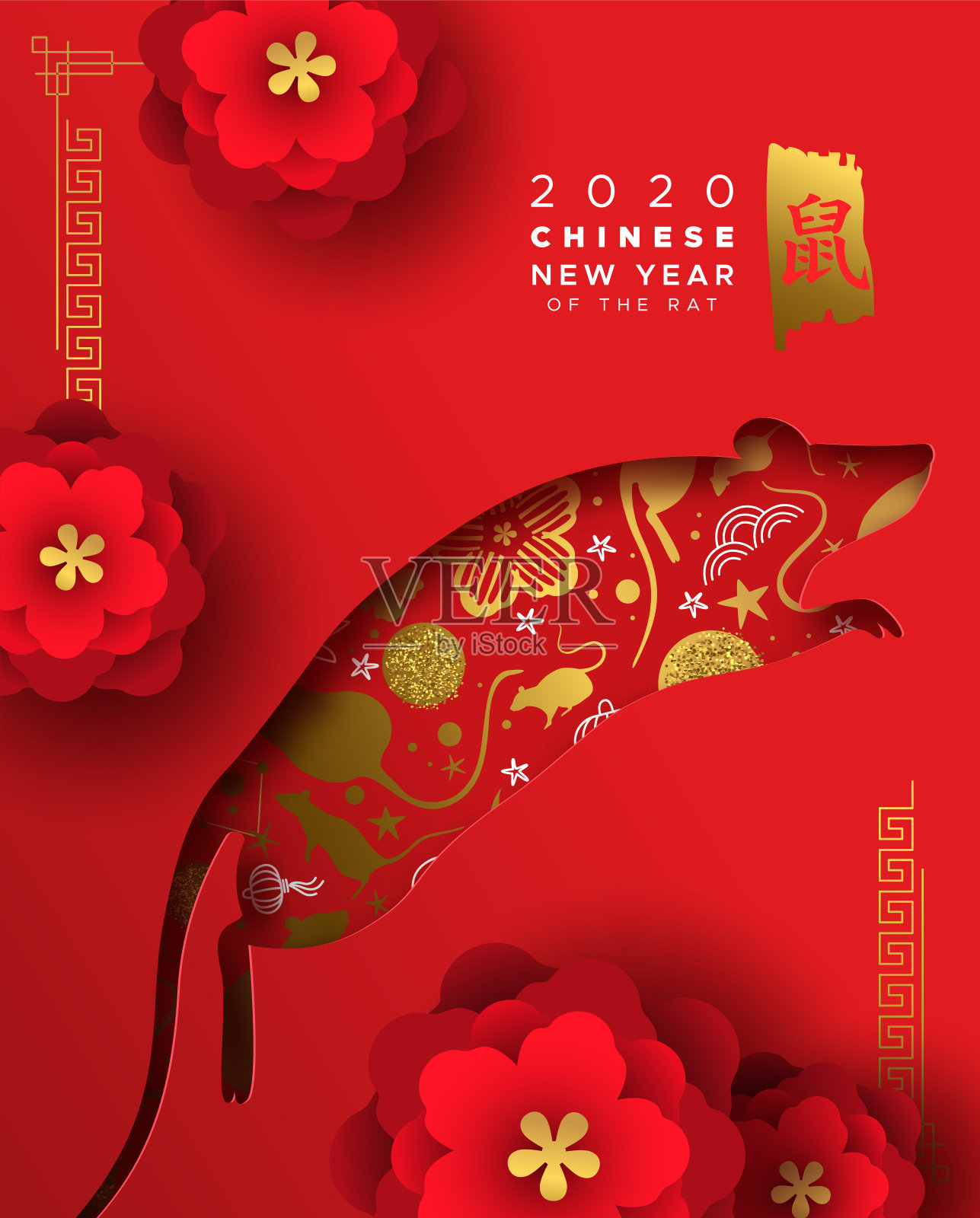 2020年中国新年金红色剪纸老鼠卡插画图片素材