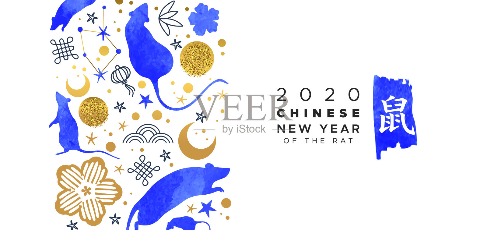 中国新年鼠旗水彩画亚洲艺术插画图片素材