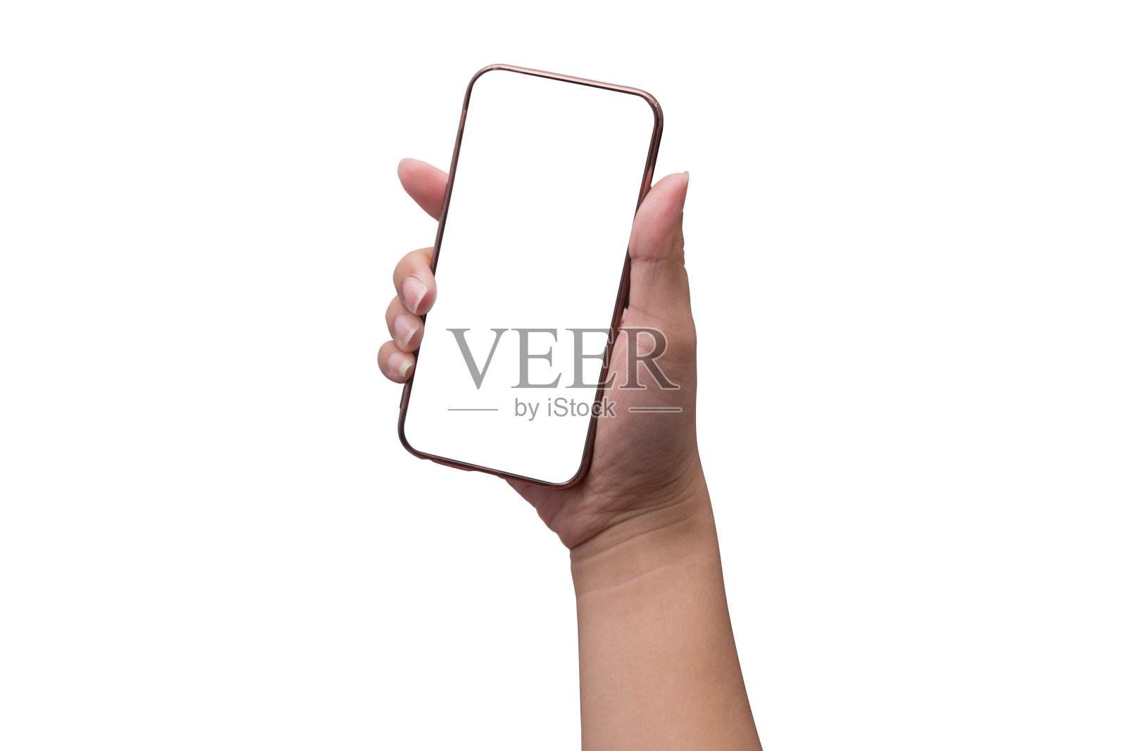 一名女子手持黑屏智能手机孤立在白色剪辑路径上照片摄影图片