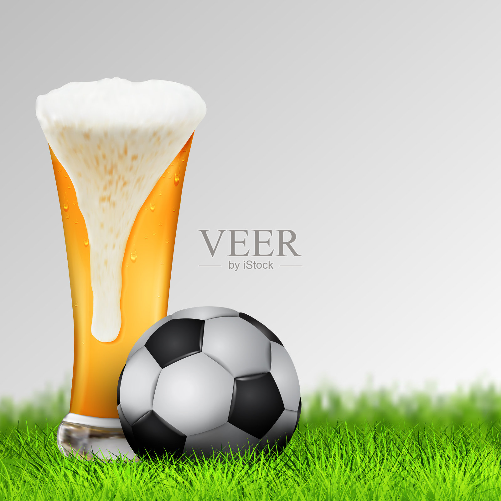 一杯真实的啤酒和足球在绿色草地上。球迷的概念。体育酒吧菜单、海报、横幅。物体隔离在白色背景上。矢量插图。每股收益10插画图片素材