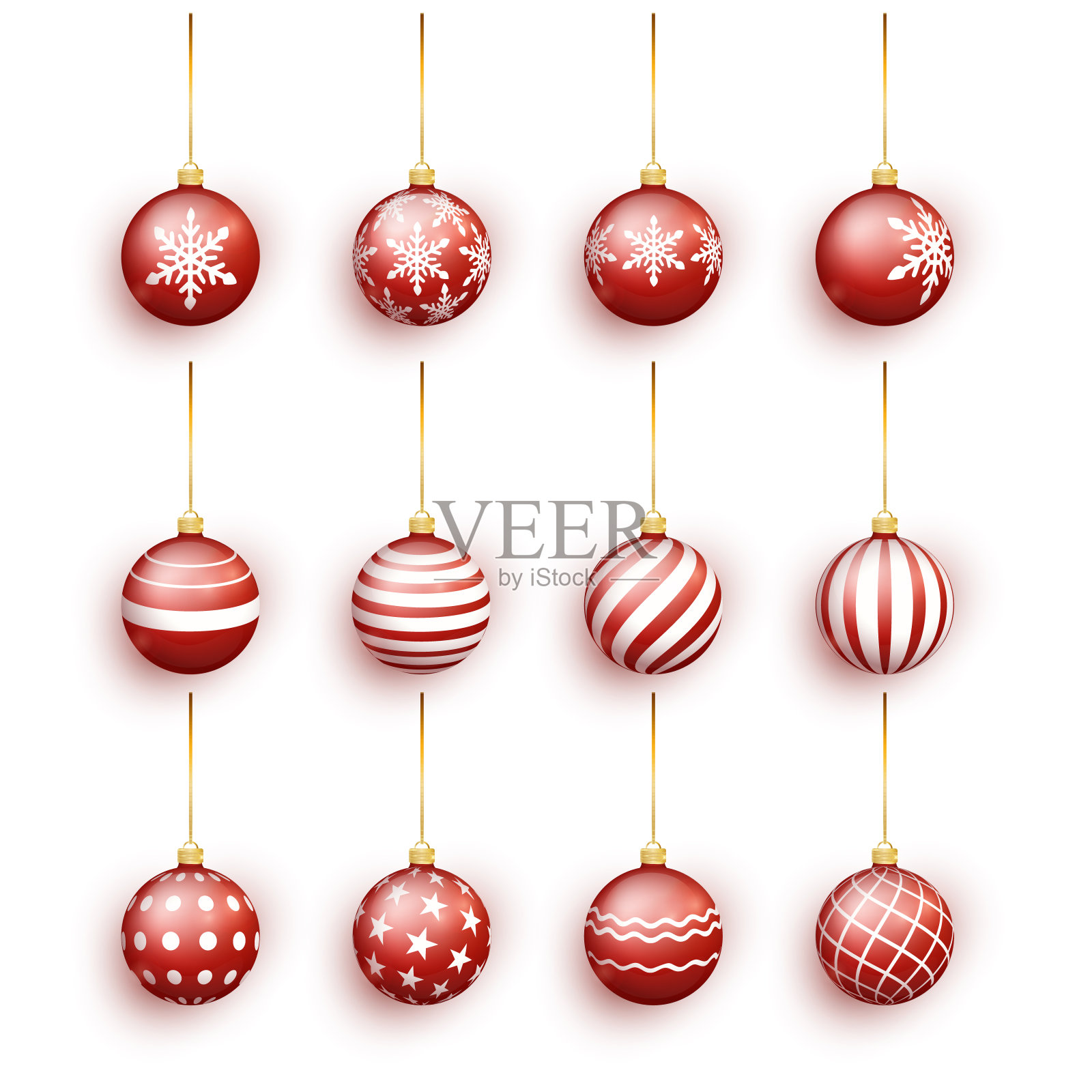 红色圣诞球孤立在白色之上。袜子圣诞装饰品。红色圣诞球与雪的效果设置。矢量图设计元素图片