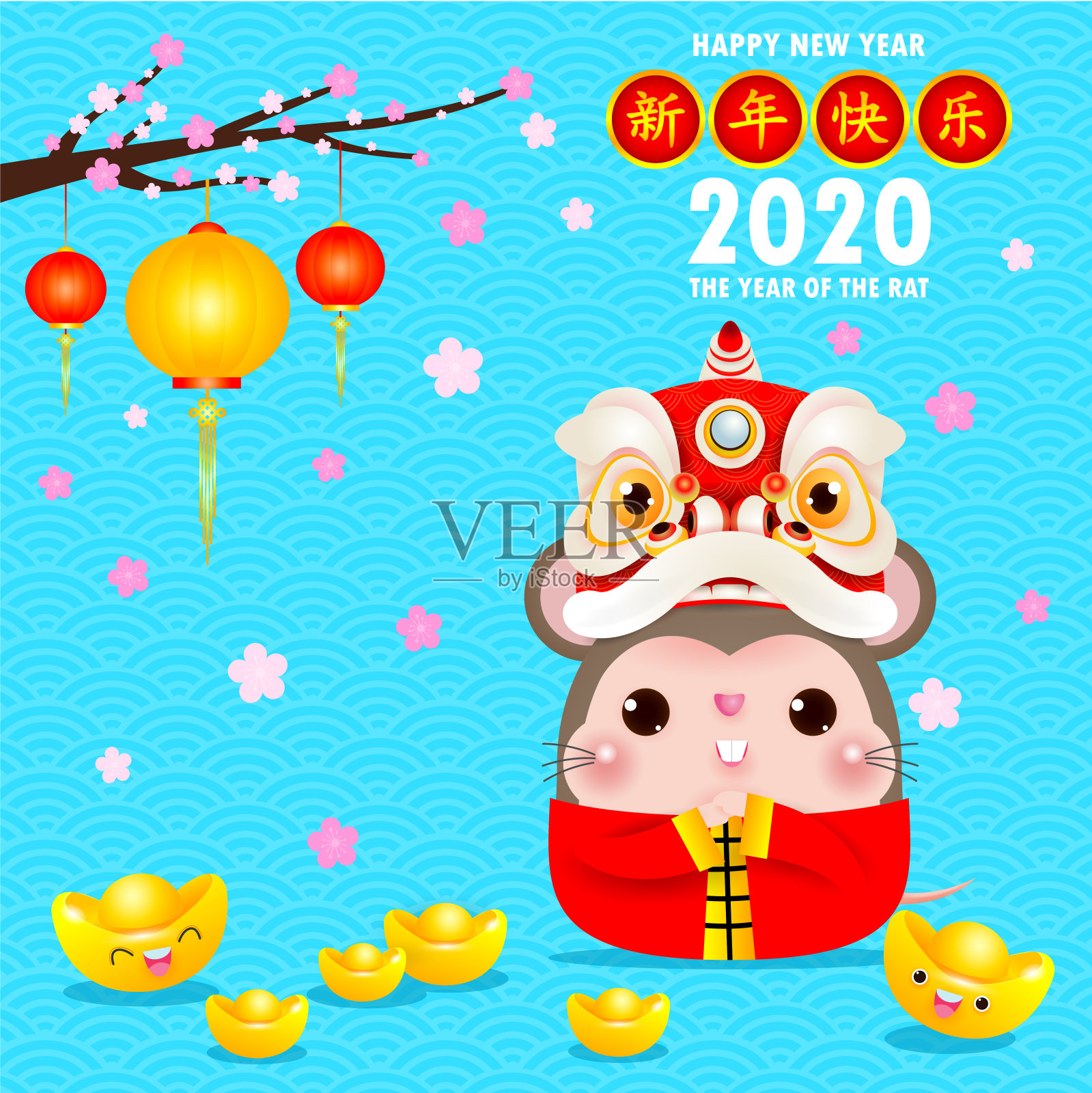 祝你春节快乐。小老鼠拿着中国的黄金，新年快乐2020年的老鼠生肖孤立在蓝色的背景，翻译:新年快乐。设计模板素材