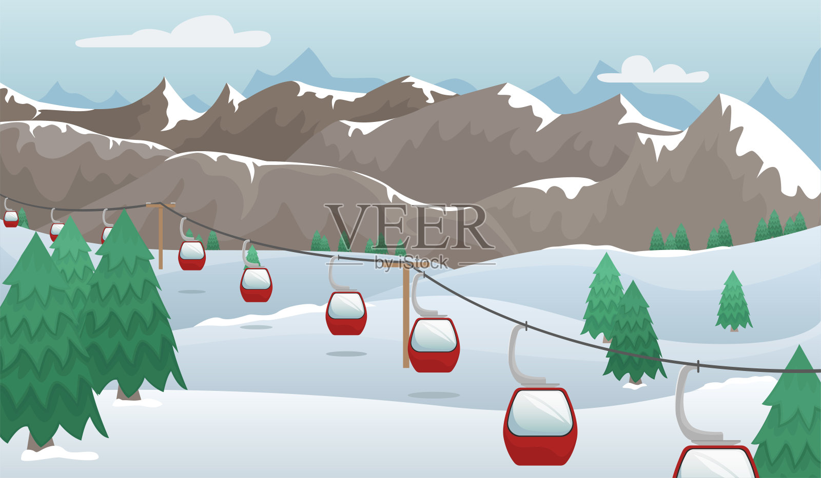 冬季的山地景观，斜坡上有滑雪缆车。滑雪胜地。平面向量插图。插画图片素材