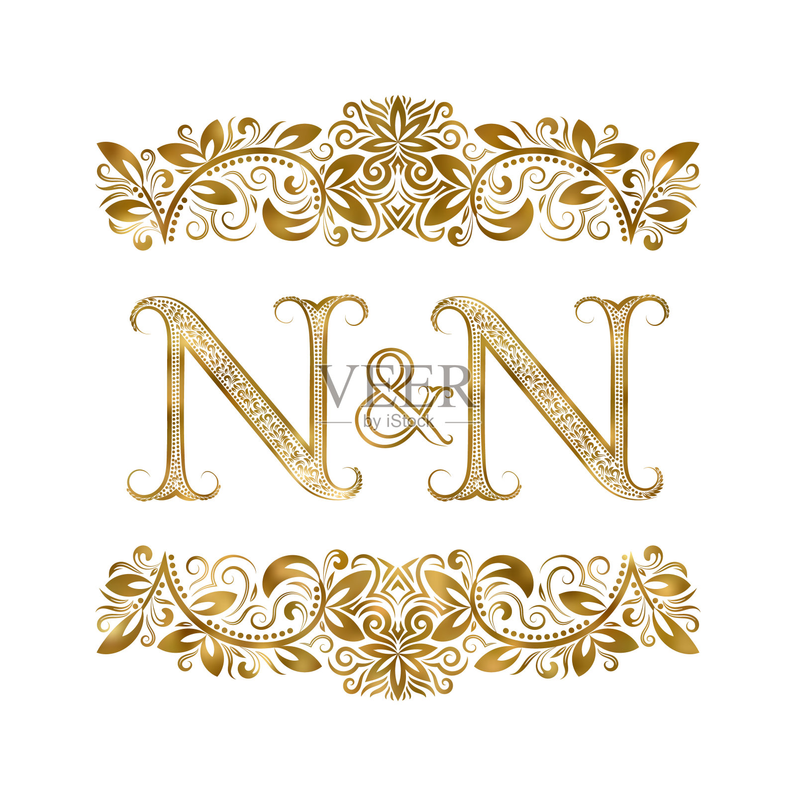 N和N复古首字母符号。字母周围有装饰元素。皇室风格的婚礼或商业伙伴的字母组合。插画图片素材