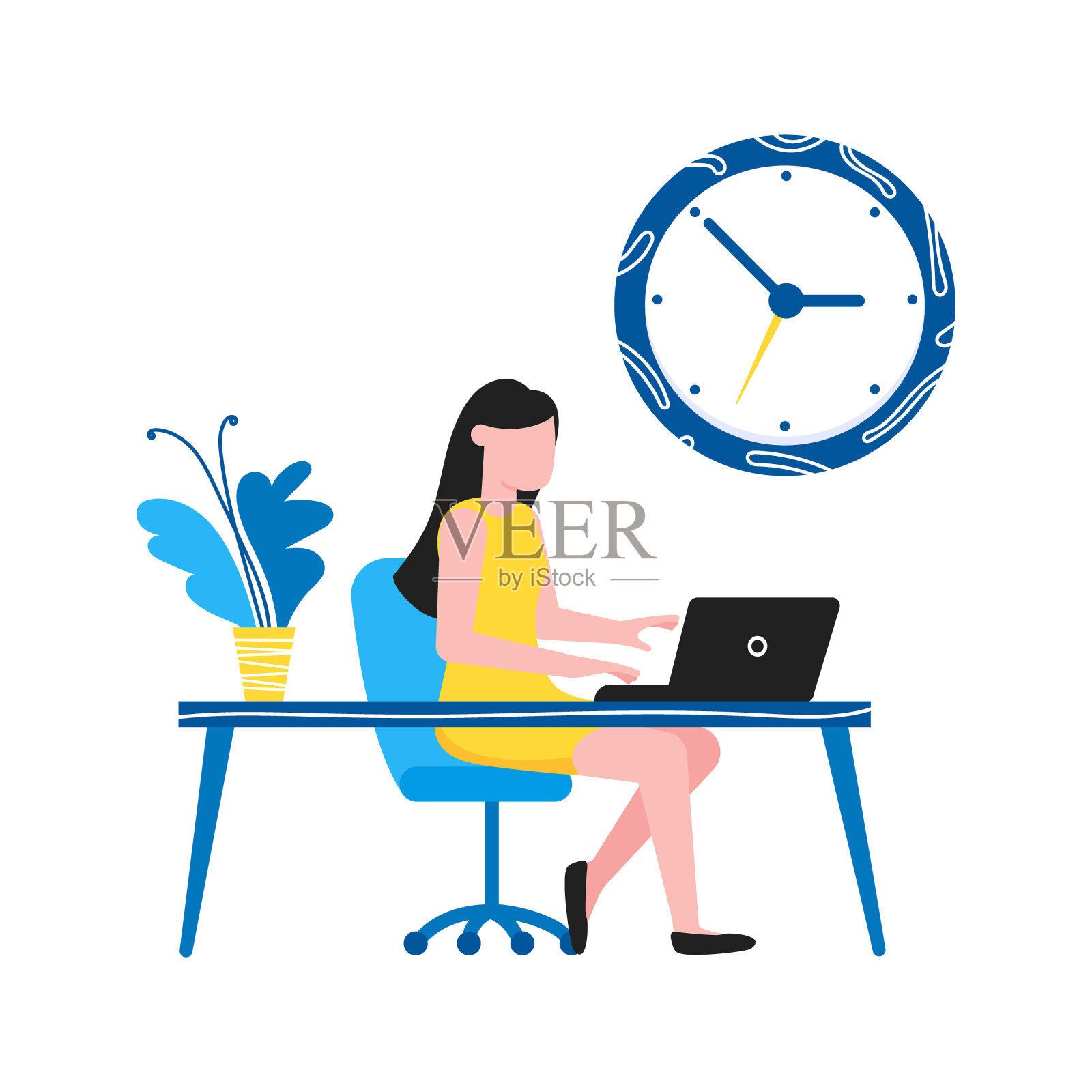 时间管理业务概念模板。坐在桌子旁边用笔记本电脑工作的女人。商业人物性格，平面风格剪贴画的web信息图表横幅孤立在白色的背景。插画图片素材