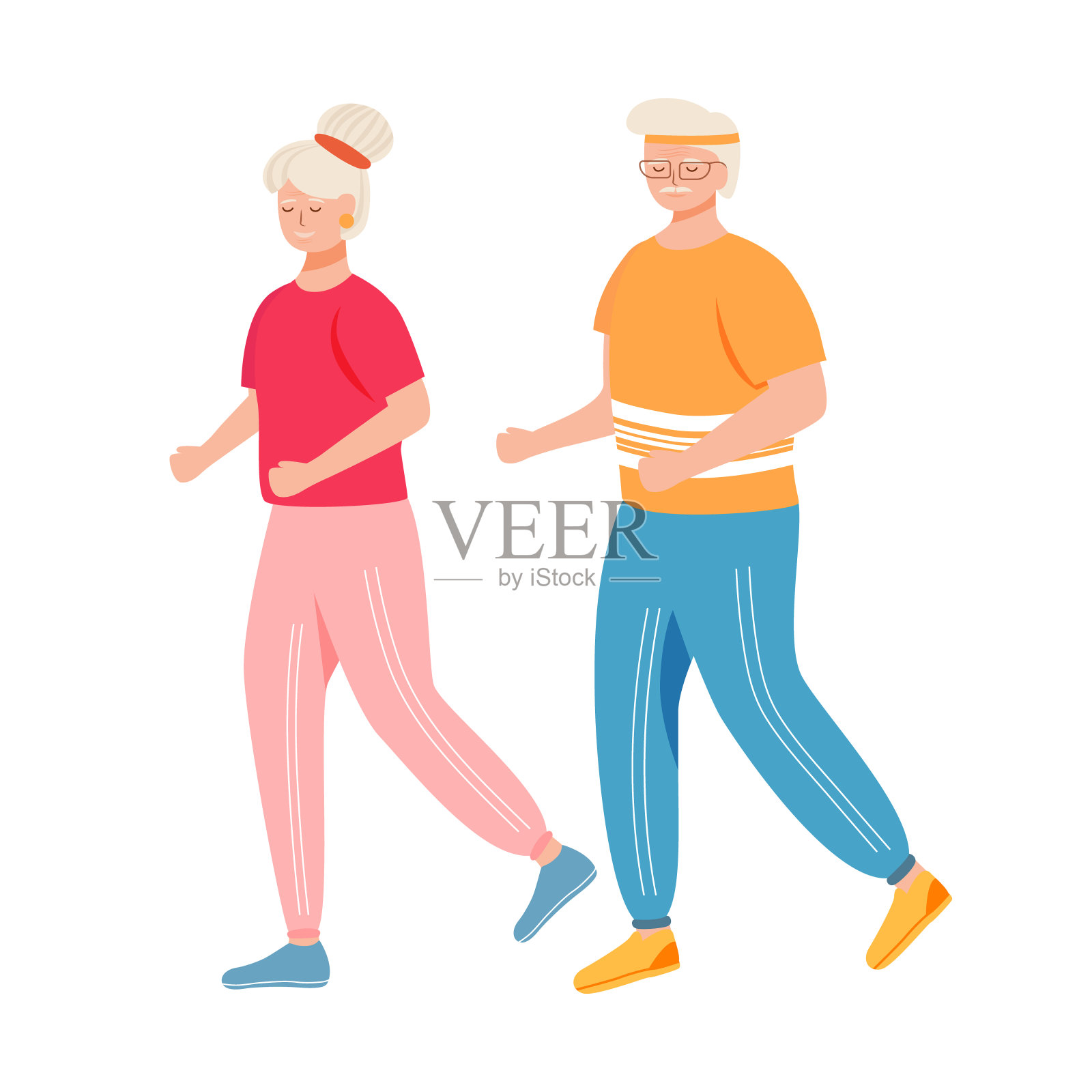 退休人员培训平面矢量插图。体力活动。健康的生活方式。一对穿着运动服的老夫妇在跑步。活跃的退休人员孤立的卡通人物在白色的背景设计元素图片