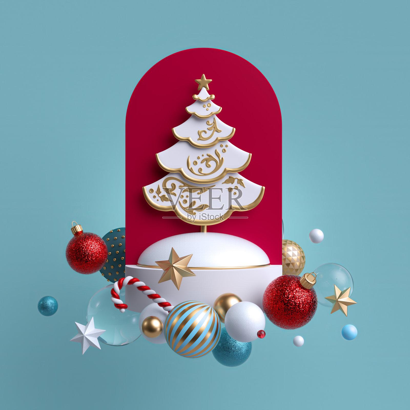 3d圣诞树饰品，孤立在蓝色背景。冬季装饰:节日玻璃球，金星，糖果手杖，雪球。贺卡或海报。悬浮物体的组成照片摄影图片