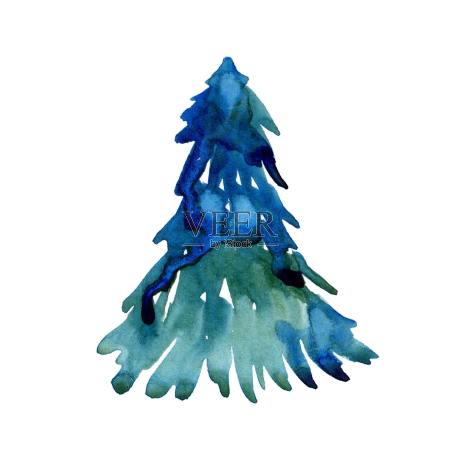 水彩冬季圣诞冷杉孤立在白色的背景。云杉插图元素的打印，纹理，墙纸或贺卡。蓝色和绿色。美丽的水彩画松树艺术。插画图片素材