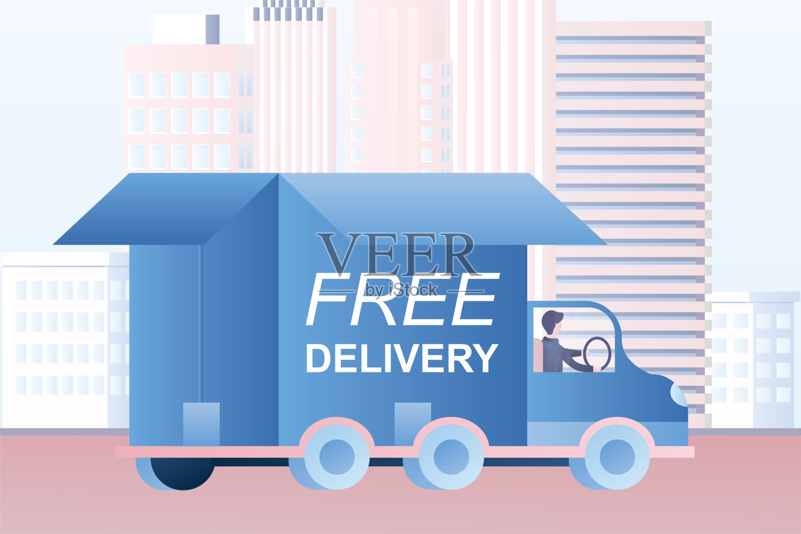 卡车与盒子和城市的背景。免费送货。货物运输和交付行业。插画图片素材