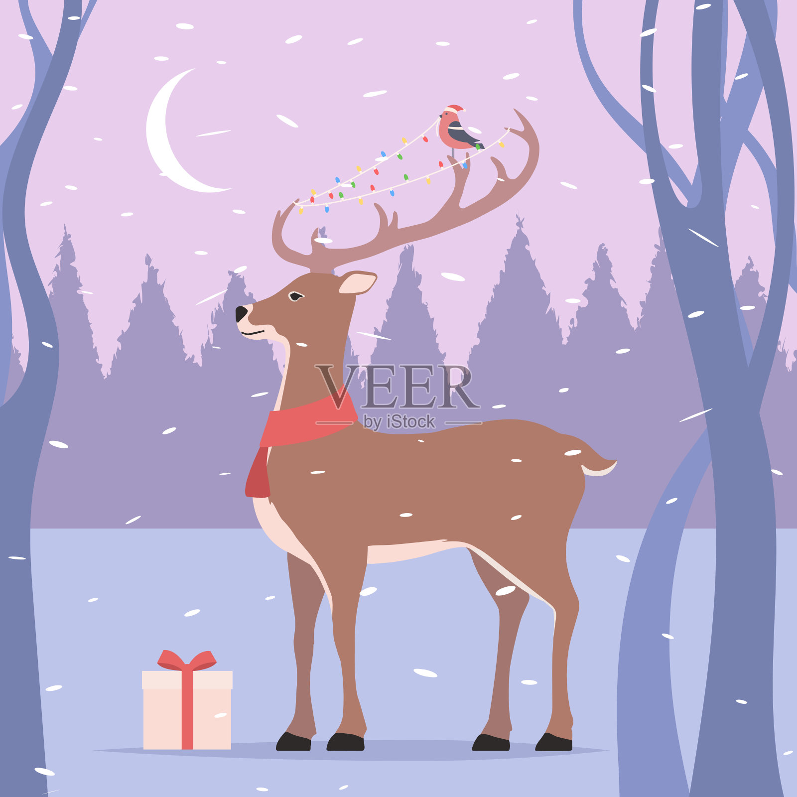 圣诞驯鹿和鸟在森林里插画图片素材