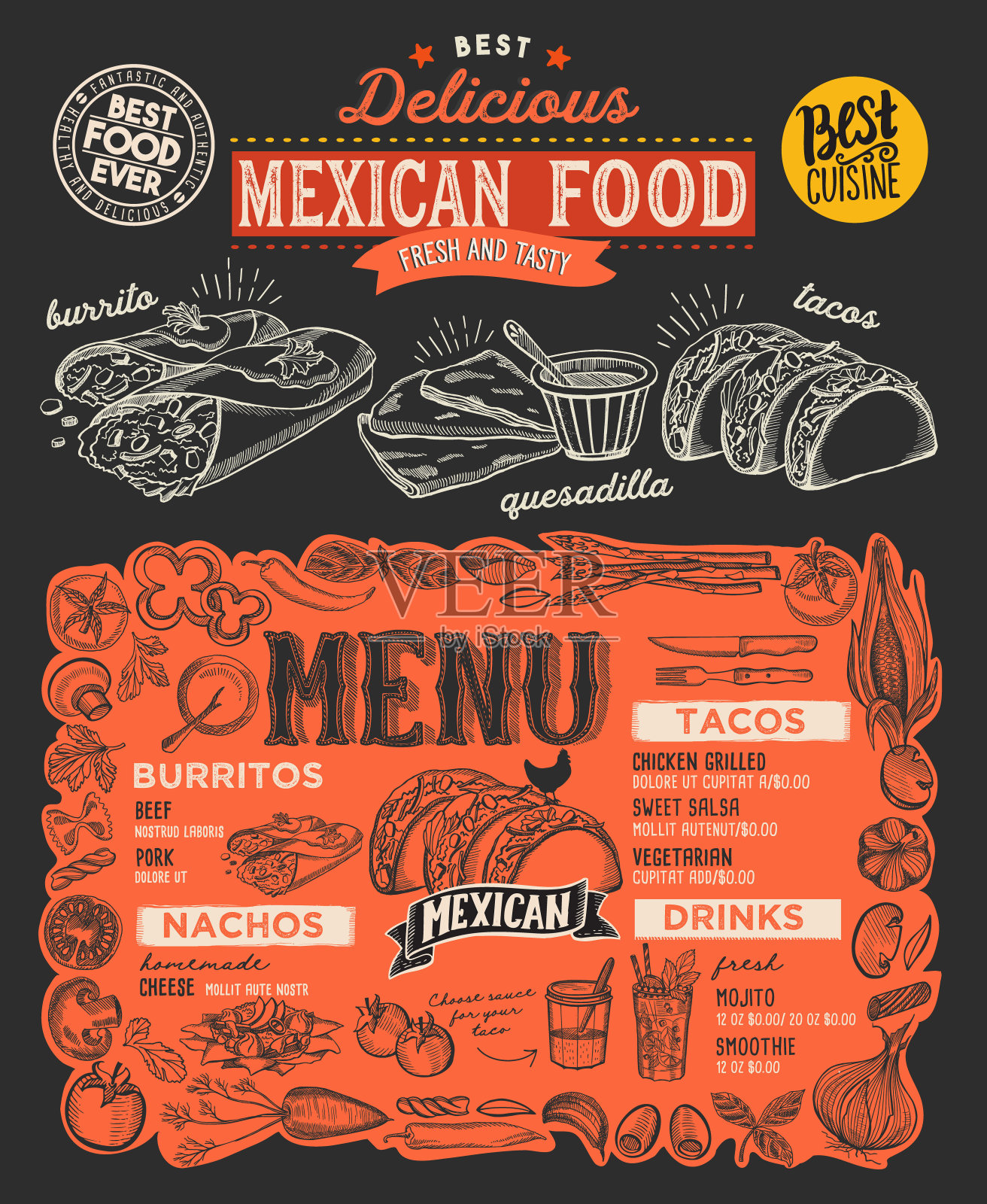 墨西哥菜单食物模板餐厅涂鸦手绘图形。插画图片素材