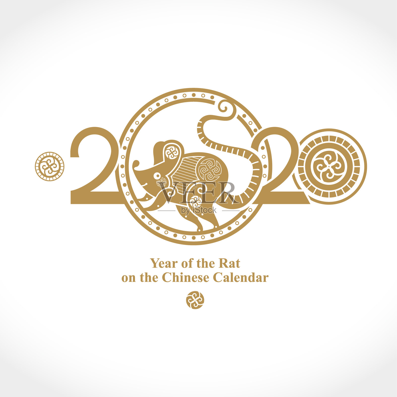 白色金属金鼠2020。新年装饰贺卡上有一只中国老鼠在2020年的黄金圈里奔跑。插画图片素材