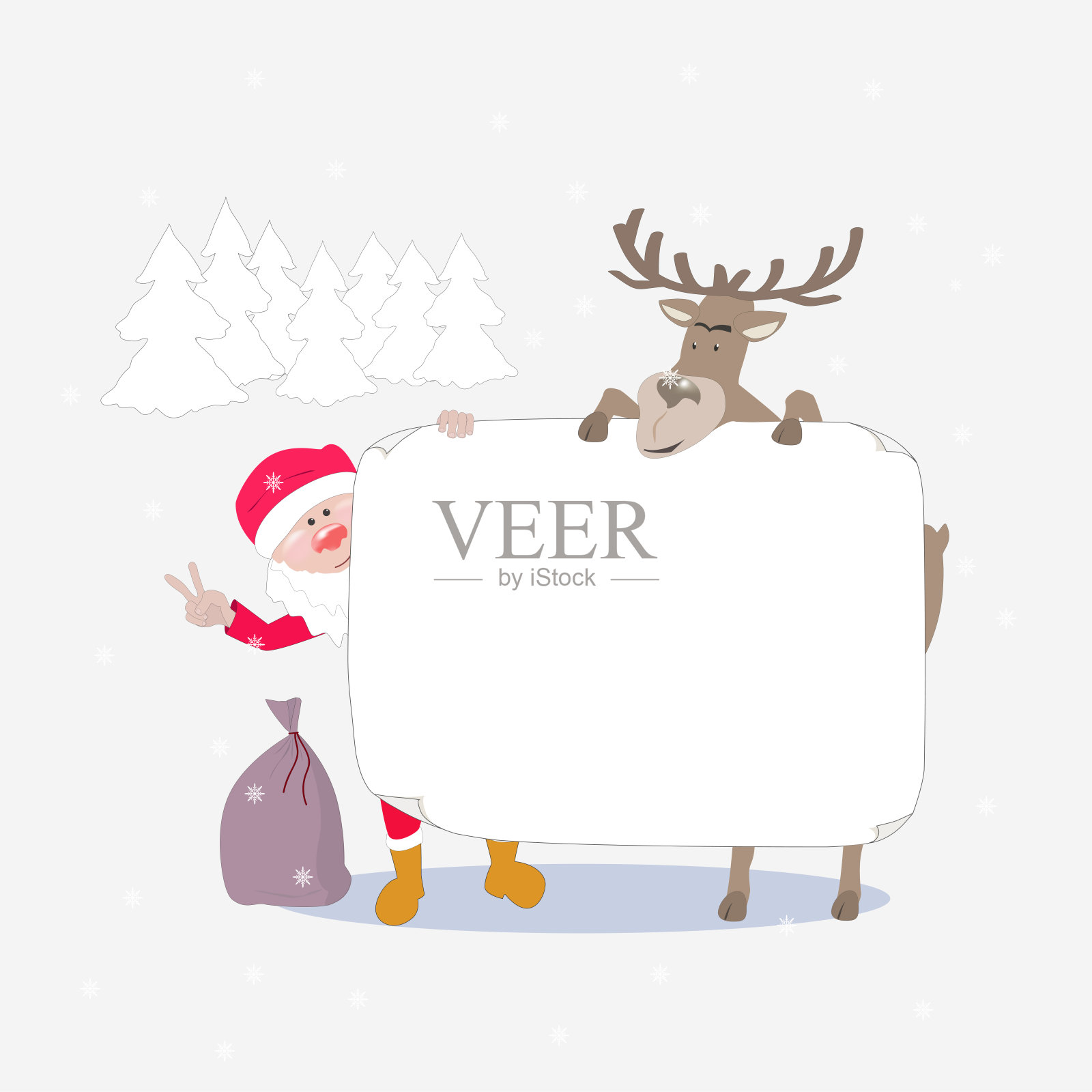 圣诞老人和一只鹿拿着一张纸上的题字。插画图片素材