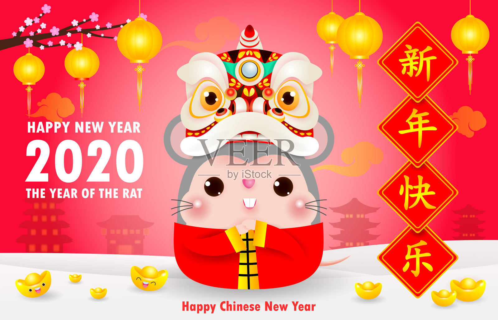 快乐中国2020年生肖海报设计有老鼠、鞭炮和舞狮。鼠年贺卡红色孤立背景，翻译:新年快乐。设计模板素材