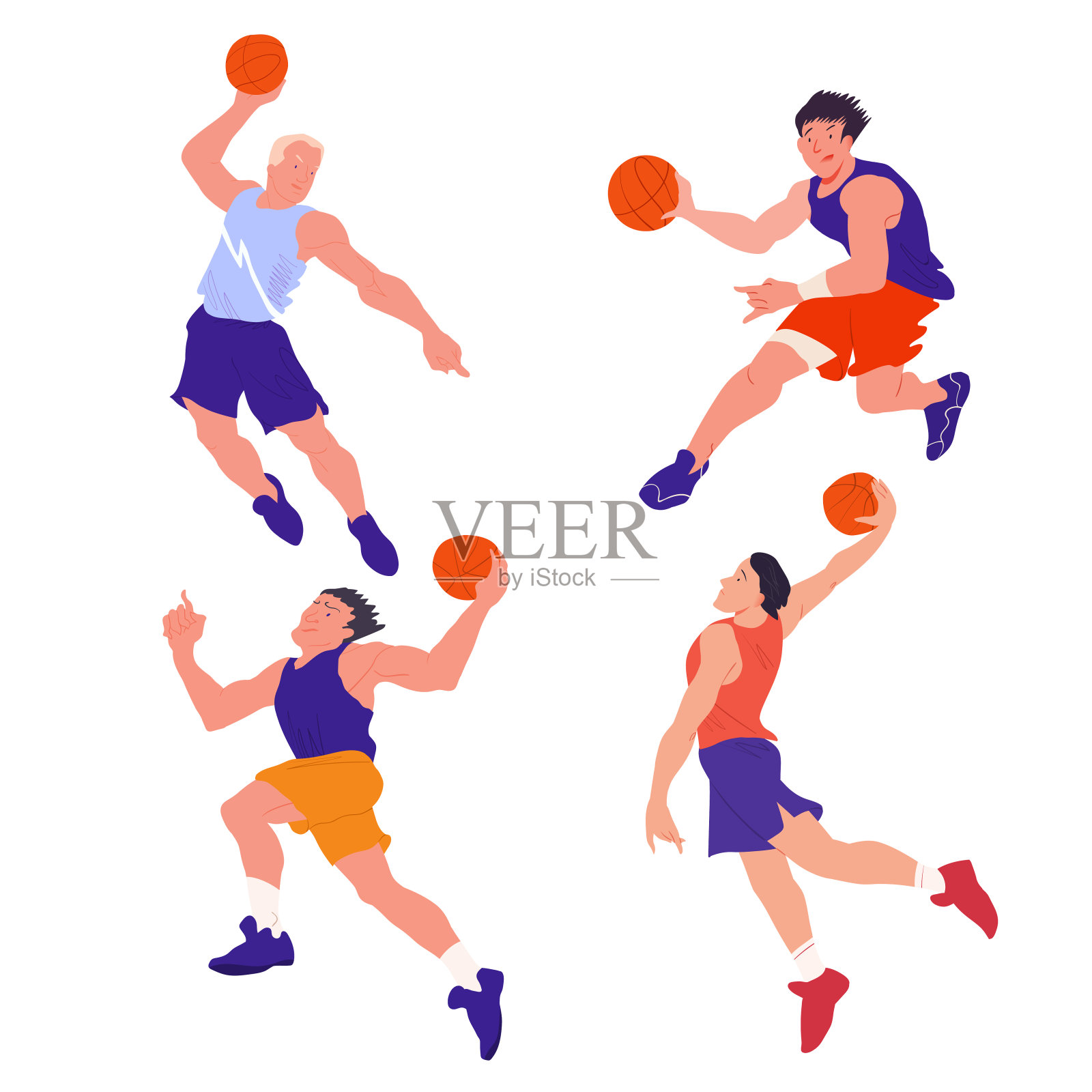 篮球运动员。篮球队。人们在动态的姿势。卡通平面矢量插图。孤立的对象。设计元素图片