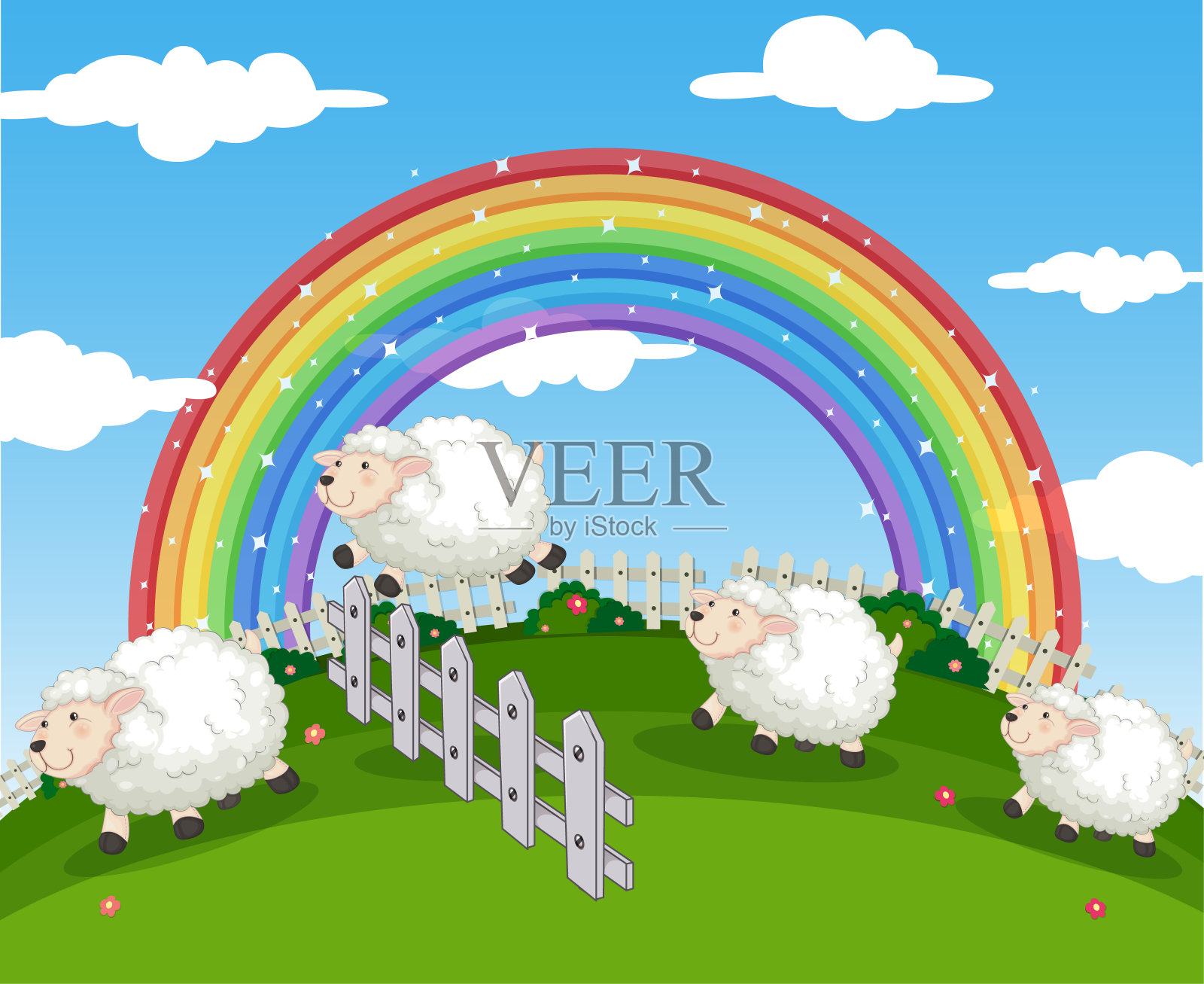 农场背景场景与羊和彩虹插画图片素材
