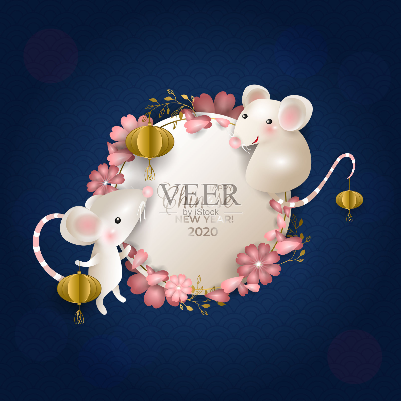 2020年春节快乐。老鼠在白色的圆形招牌上。白色的老鼠，金色的灯笼，粉红色的花，花瓣，蓝色的背景。贺卡，请帖，海报，横幅。矢量插图。插画图片素材