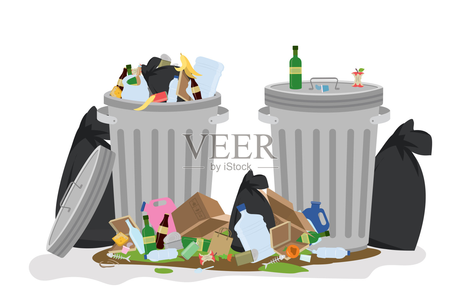 两个装满垃圾的金属垃圾桶。地板上有肮脏的垃圾和垃圾袋。设计元素图片