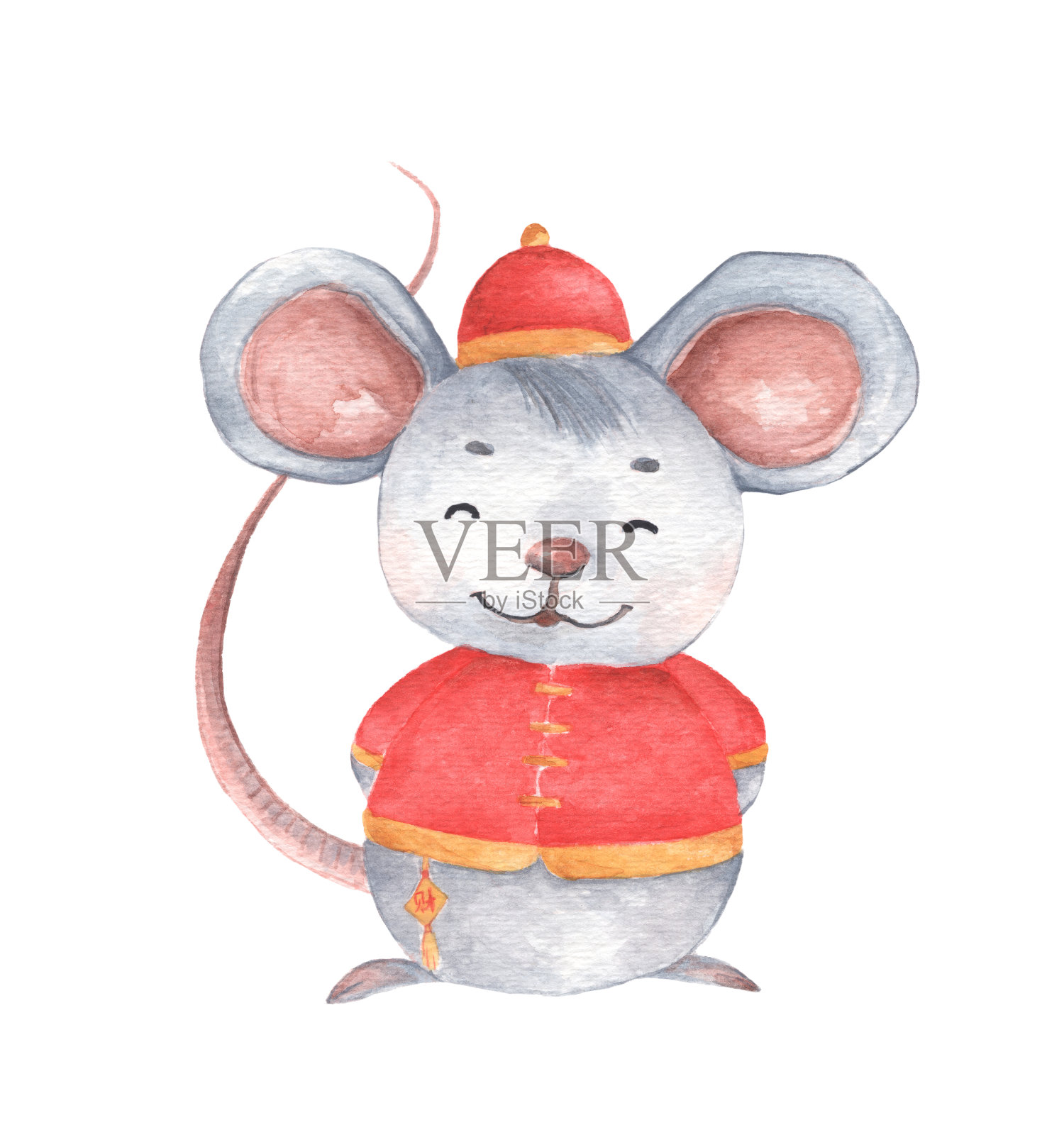 中国传统服装小老鼠，水彩画插图。插画图片素材