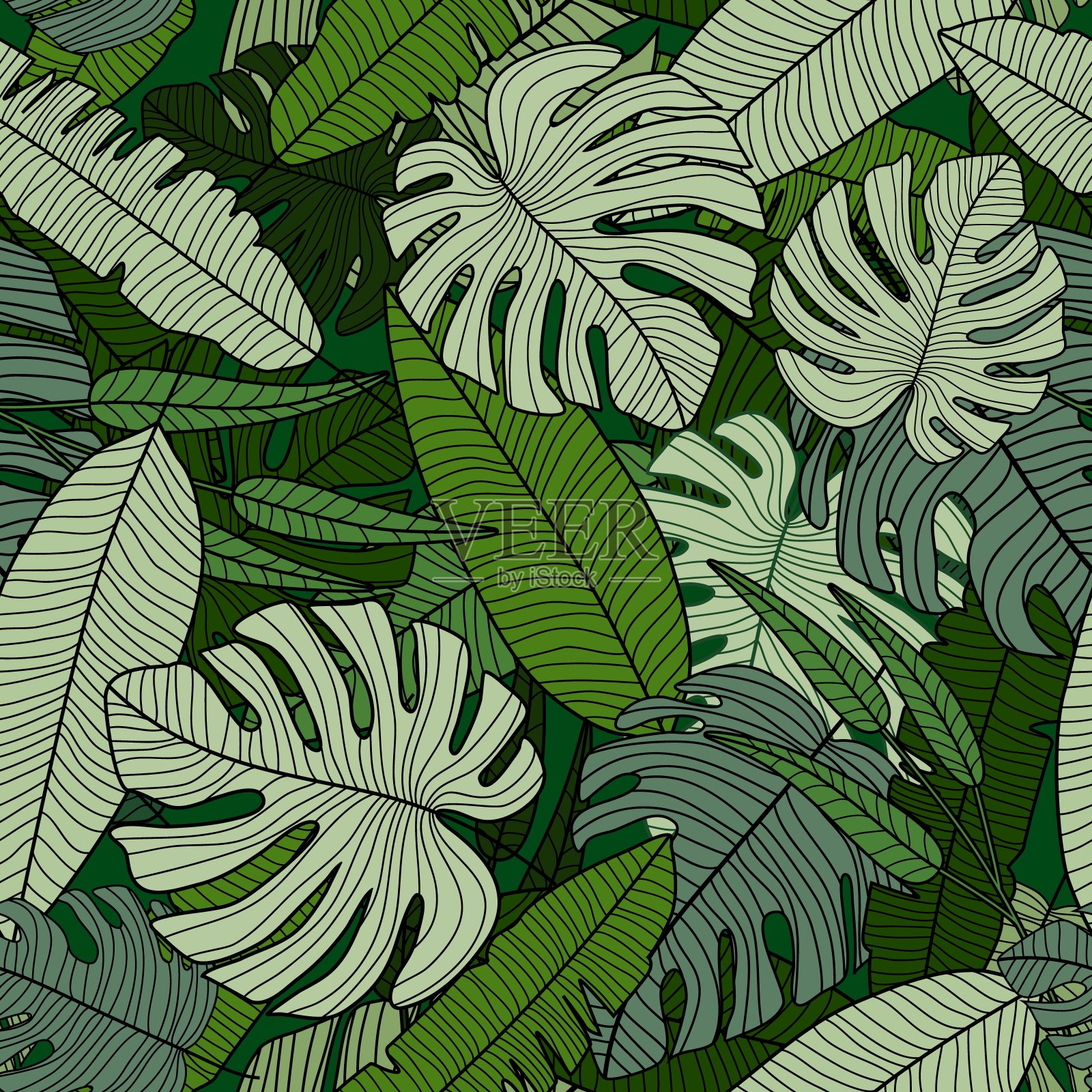 雨林无缝模式。现代异国情调的热带棕榈叶背景。插画图片素材