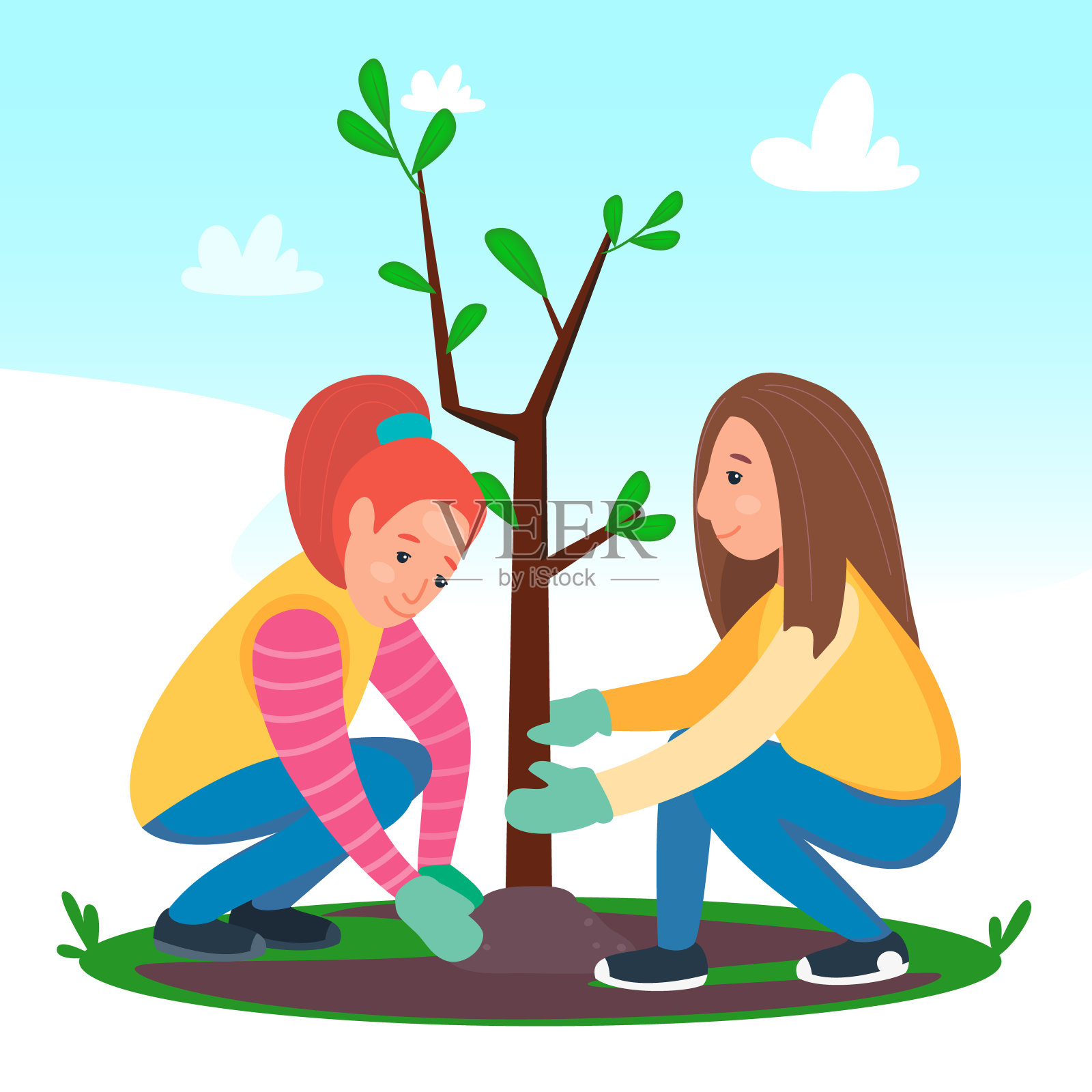 女孩们正在种小树。孩子园艺。关爱自然的理念。矢量卡通平面插图。插画图片素材